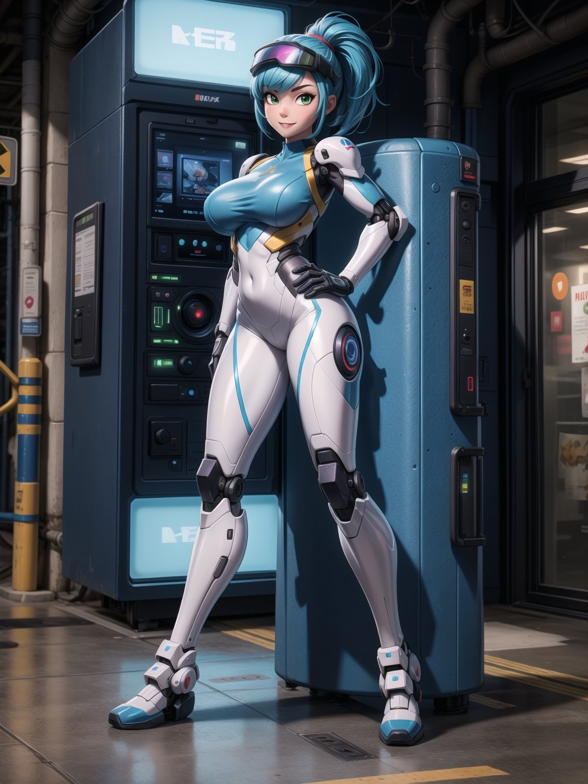 A woman, wearing robotic suit+mecha suit+white cybernetic armor with parts in blue, wearing helmet with colored visor, gigantic breasts, blue hair, extremely short hair, rebellious hair, hair with ponytail, hair with bangs in front of the eye, looking at the viewer, (((sensual pose+Interacting+leaning on anything+object+leaning against))), at a bus stop with many machines, structures, people walking, ((full body):1.5), 16K, UHD, Unreal Engine 5, quality max, max resolution, ultra-realistic, ultra-detailed, maximum sharpness, ((perfect_hands):1), Goodhands-beta2, [super metroid, cyberpunk]