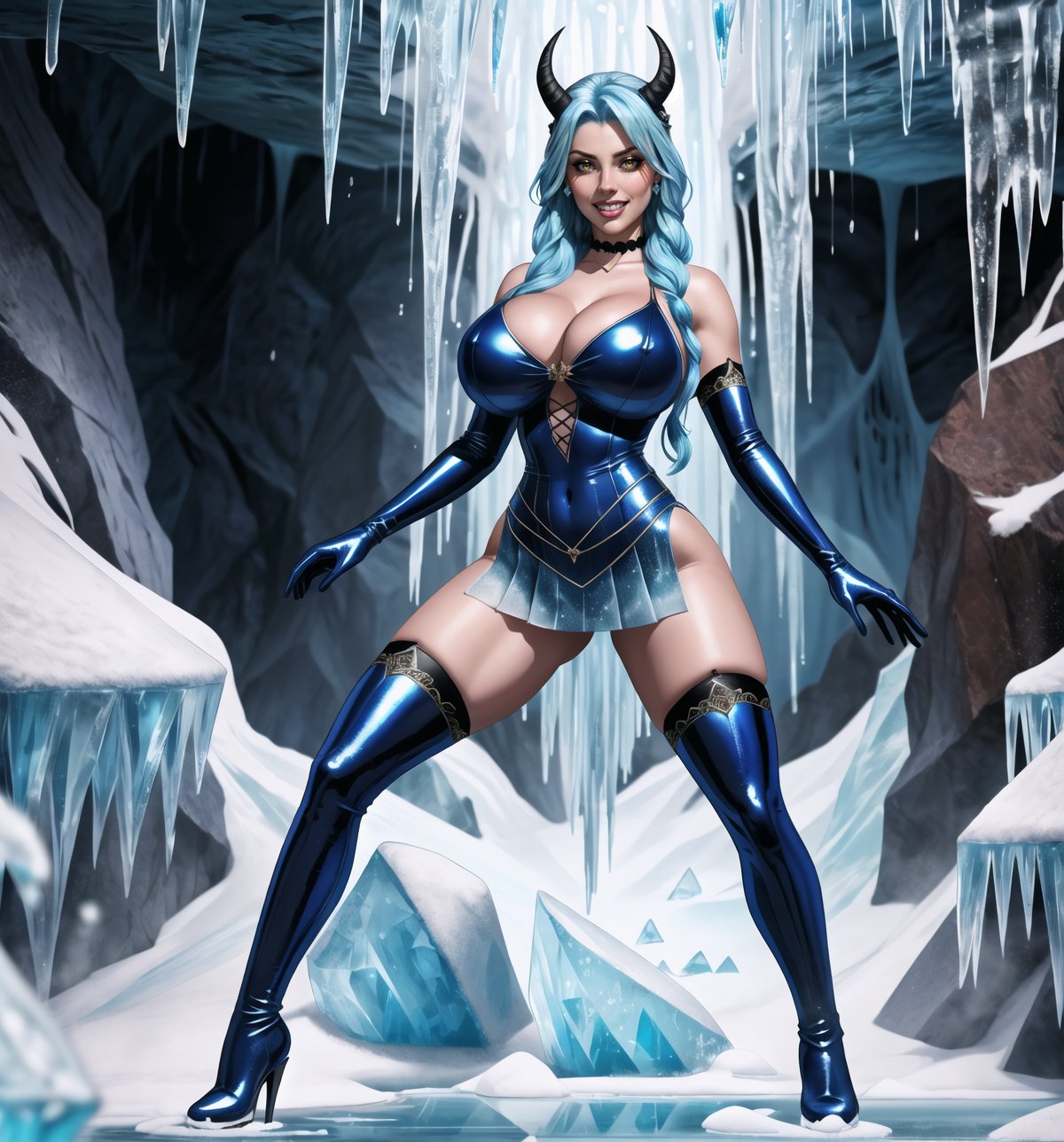 An ultra-detailed 16K masterpiece featuring fantasy, gothic and sensual styles, rendered in ultra-high resolution with realistic details. | A young 23 year old woman with huge breasts, wearing an ice demon costume consisting of blue crystal armor, a short blue leather dress with ice details, blue leather knee-high boots, blue leather gloves and ice horns on his head. Her long blue hair, with a wavy and stylish cut, has shiny highlights. Her yellow eyes look at the viewer with a ((seductive expression, smiling and showing her teeth)). | The image highlights the imposing figure of the young woman, with her sensual curves and the mysterious and cold environment around her. Located in a frozen cave with icy fog, with ice structures, stalactites and ice stalagmites. The bluish light reflects off the ice walls, creating a mysterious and cold atmosphere. Ice crystals and frozen rock formations adorn the scene. | Soft, mysterious lighting effects create a relaxing and intriguing atmosphere, while detailed textures on structures and costumes add realism to the image. | A relaxing and terrifying scene of a beautiful ice demon woman in a frozen cave, fusing fantasy, gothic and sensual elements. | (((The image reveals a full-body shot as she assumes a sensual pose, engagingly leaning against a structure within the scene in an exciting manner. She takes on a sensual pose as she interacts, boldly leaning on a structure, leaning back and boldly throwing herself onto the structure, reclining back in an exhilarating way.))). | ((((full-body shot)))), ((perfect pose)), ((perfect arms):1.2), ((perfect limbs, perfect fingers, better hands, perfect hands, hands)), ((perfect legs, perfect feet):1.2), she has (((perfect breasts, firm breasts, saggy breasts, huge breasts))), ((perfect design)), ((perfect composition)), ((very detailed scene, very detailed background, perfect layout, correct imperfections)), Enhance, Ultra details, More Detail, ((poakl))