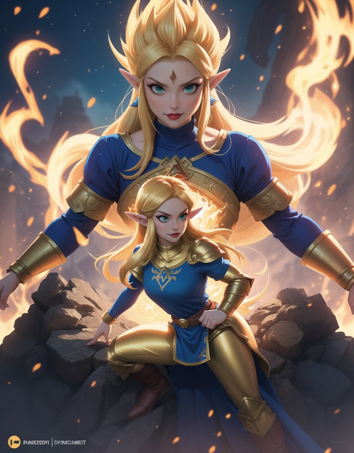 Masterpiece in 4K, anime style fused with the essence of Dragon Ball Z. | In the kingdom of Hyrule, Princess Zelda undergoes an extraordinary transformation, becoming a Super Saiyan. Her royal attire converts to golden armor, while her blonde hair rises into golden flames. Blue eyes shine with a divine intensity, and she exudes an aura of power that transforms the environment around her. Hyrule Castle serves as the backdrop for this epic metamorphosis. | (Low angle composition), highlighting the grandeur of the transformation. Lighting effects intensify the details of the scene, highlighting the golden armor and surrounding energy. | Princess Zelda in a magnificent transformation, becoming a Super Saiyan with a monumental impact on Hyrule. | She is adopting a ((dynamic pose as interactions, boldly leaning on a large structure in the scene, leaning back in a dynamic way, adding a unique touch to the scene):1.3), , ((Full body image)), perfect hand, fingers, hand, perfect, better_hands, More Detail