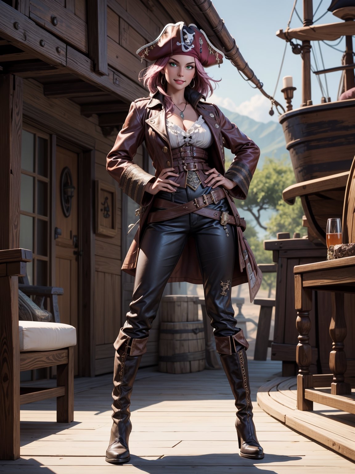 A pirate woman,  wearing brown leather coat,  white T-shirt by Hami on Tensor.Art