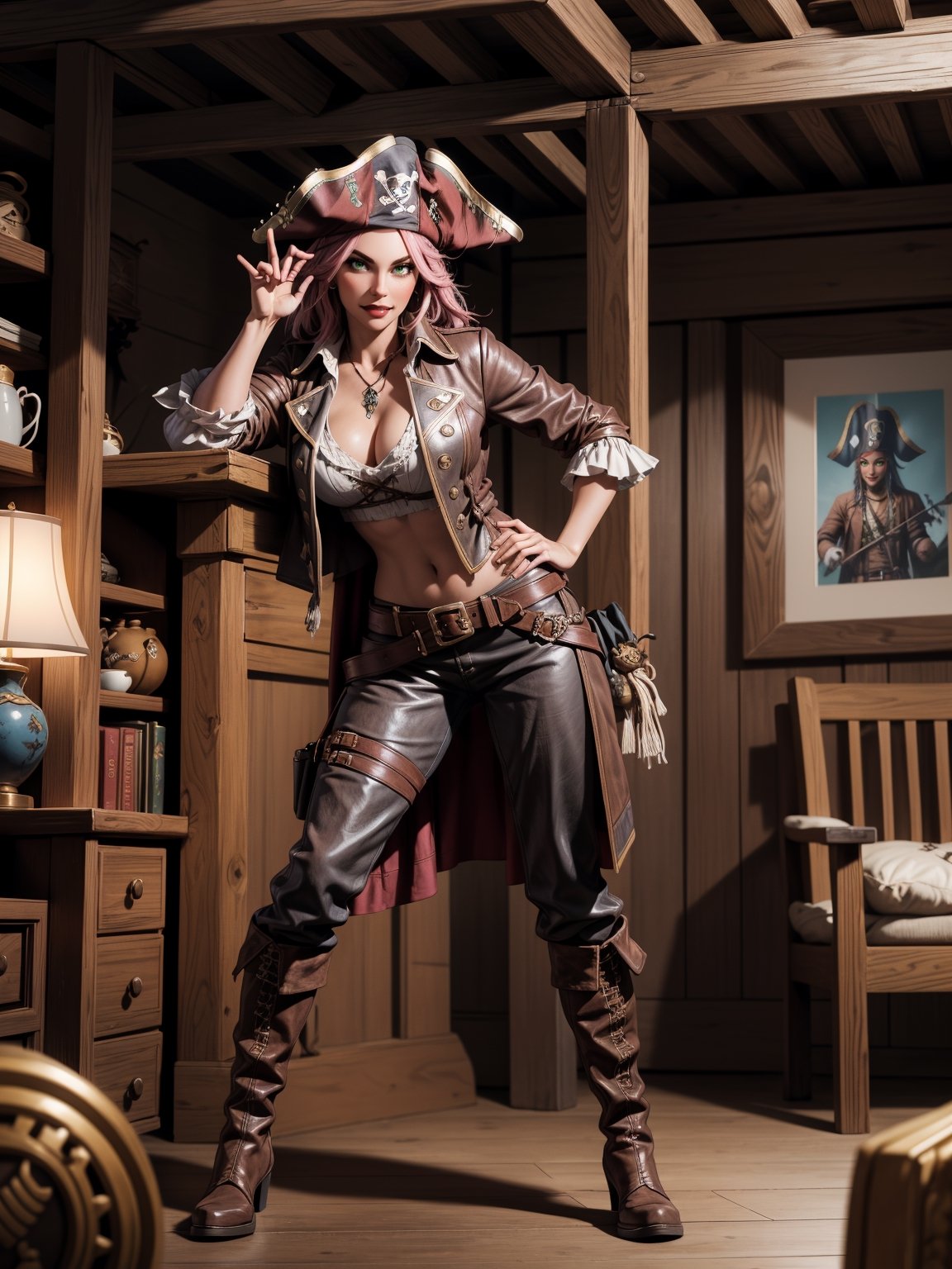 A pirate woman,  wearing brown leather coat,  white T-shirt by Hami on Tensor.Art