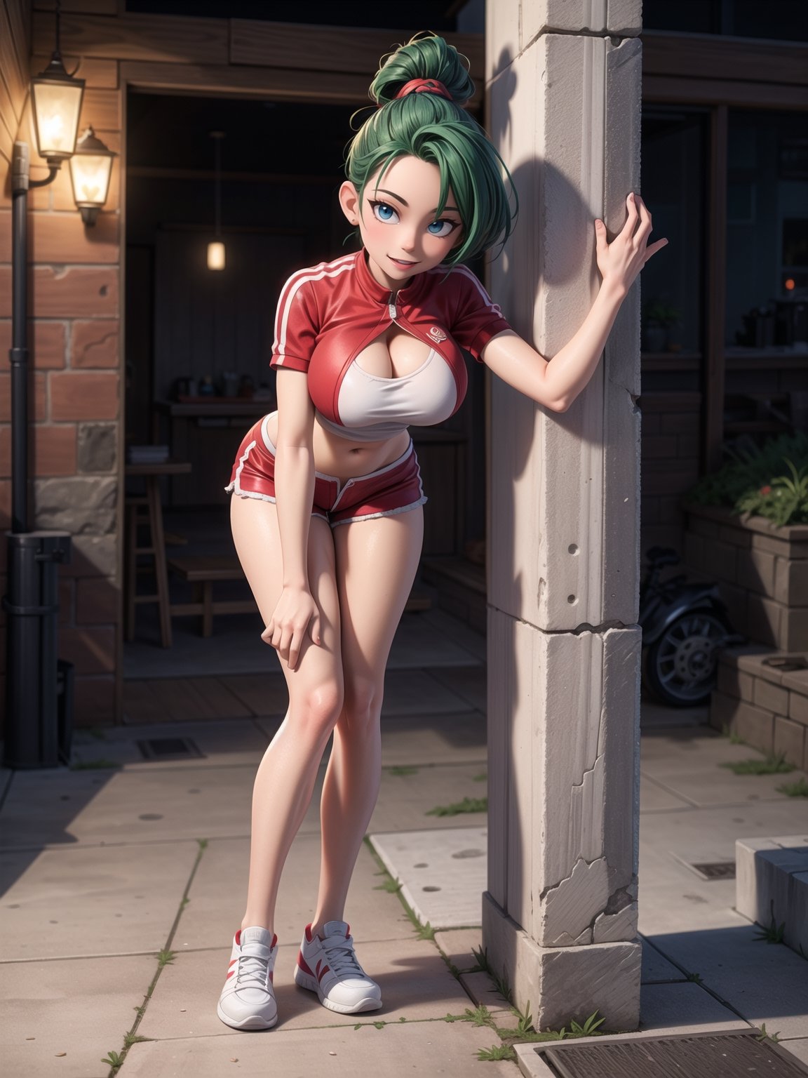 A woman, wearing a white T-shirt, short red shorts, white stockings, black sneakers, black suit, gigantic breasts, green hair, extremely short hair, rebellious hair, ponytailed hair, fringed hair in front of the eye, looking at the viewer, (((sensual pose+Interacting+leaning on anything+object+leaning against))), in a very busy night, with many construction machines,  vehicles, structures, ((full body):1.5), 16K, UHD, unreal engine 5, quality max, max resolution, ultra-realistic, ultra-detailed, maximum sharpness, ((perfect_hands):1), Goodhands-beta2,