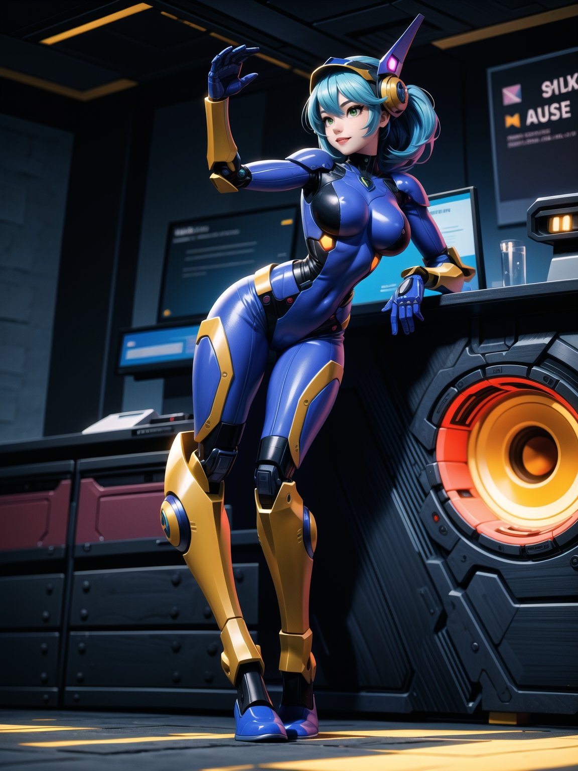 A woman, wearing white wick suit with parts in blue + robotic armor with lights, gigantic breasts, wearing helmet with transparent colored visor, blue hair, rebellious hair, messy hair, hair with bangs in front of the eye, looking at the viewer, (((sensual pose with interaction and leaning on anything+object+leaning against))), in a spaceship with many structures,  equipment, robots, computers, elevator, ((full body):1.5), 16K, UHD, unreal engine 5, quality max, max resolution, ultra-realistic, ultra-detailed, maximum sharpness, ((perfect_hands):1), Goodhands-beta2, super metroid, cyberware, cybernetic