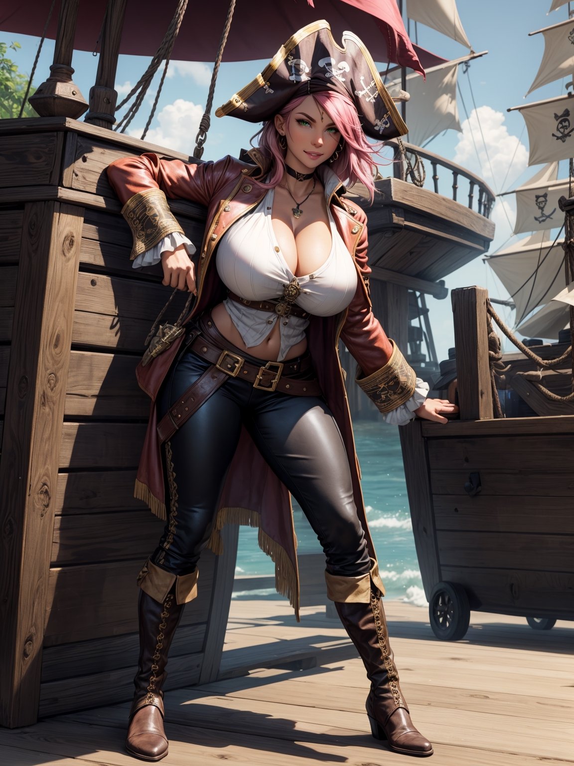 A pirate woman,  wearing brown leather coat,  white T-shirt by Hami on Tensor.Art