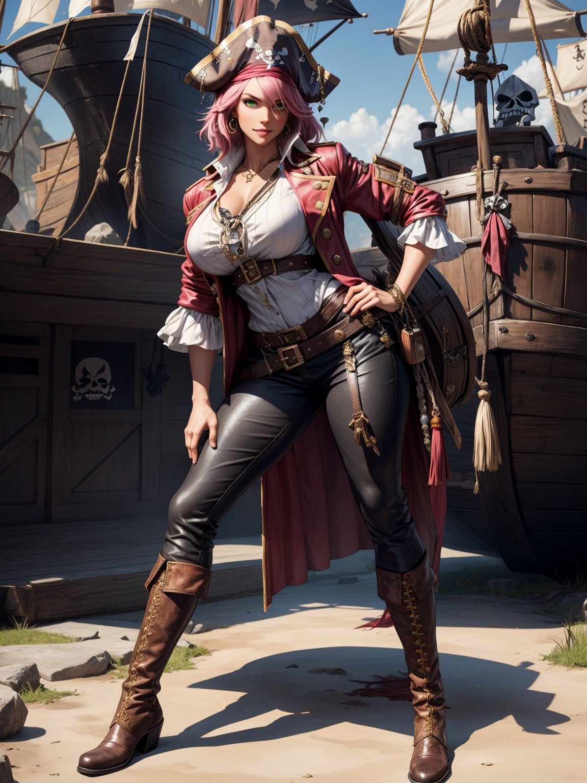 A pirate woman,  wearing brown leather coat,  white T-shirt by Hami on Tensor.Art