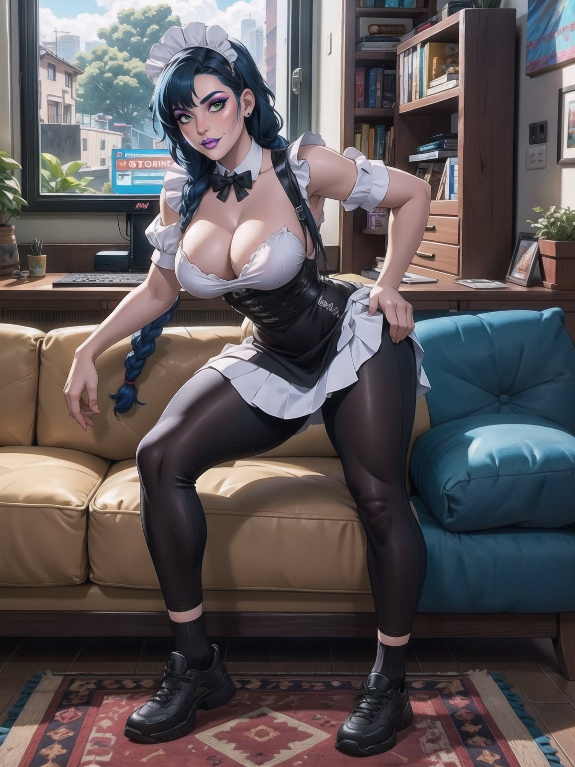 A woman, wearing black domestic sheath attire with white parts, short white skirt, long white socks, black shoes, tight and tight clothing, gigantic breasts, blue hair, hair with solo+short braid, mohawk hair, hair with bangs in front of the eyes, (looking at the viewer), (((sensual pose+Interacting+leaning on anything+object+leaning against))) in a modern apartment, with furniture, computers, plasma tv, bed, window, lights on the walls, sofa bed, 16K, UHD, (full body:1.5), unreal engine 5, cyberpunk, ((maid)), quality max, max resolution, ultra-realistic, ultra-detailed, maximum sharpness, ((ng_deeppositive_v1_75t)), ((perfect_hands)), better_hands