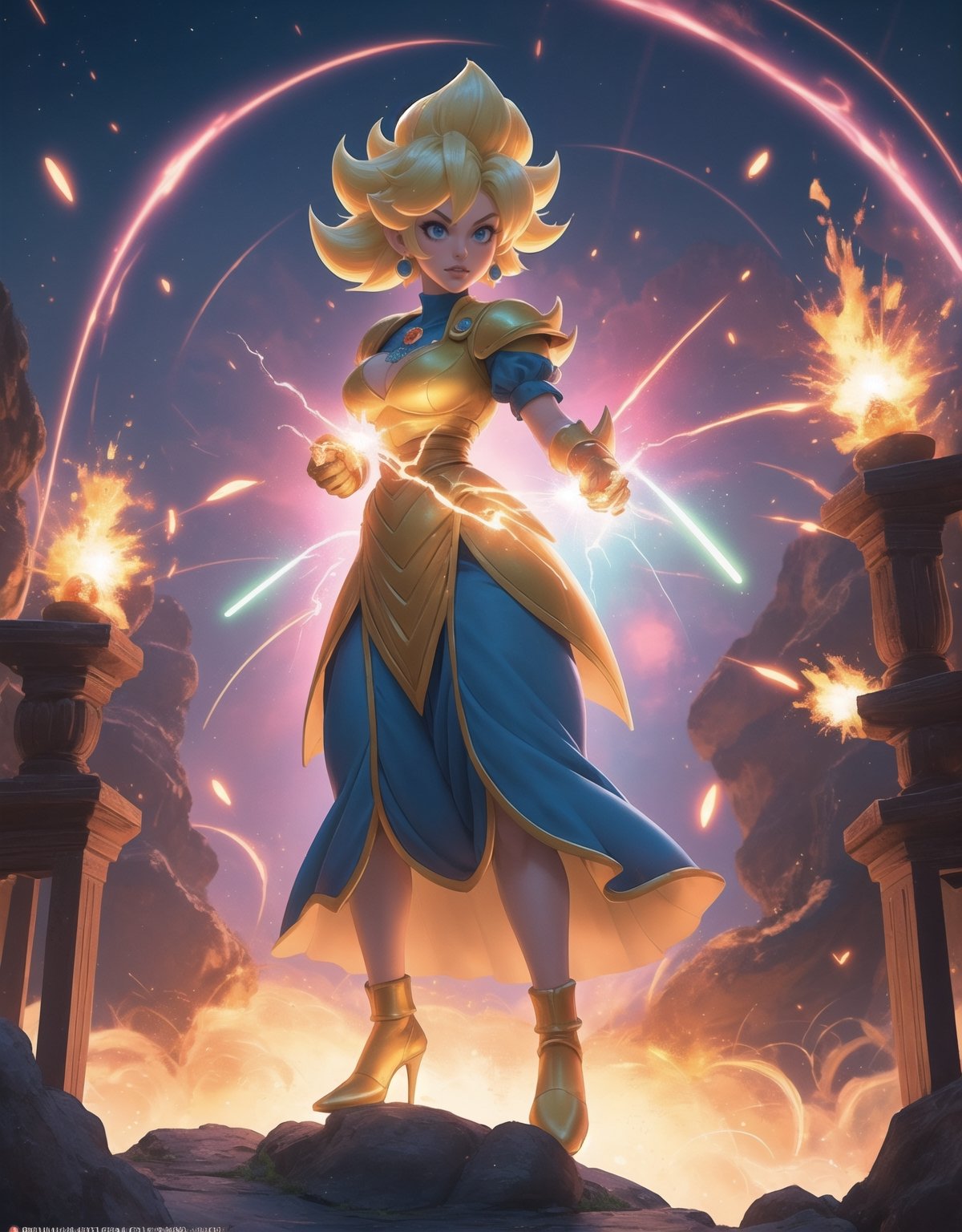 Masterpiece in 4K, anime style fused with influences from Dragon Ball Z. | In an enchanted kingdom, Princess Peach, known for her elegance, transforms into a Super Saiyan. Her dress flutters with intense energy, golden hair radiates power, and blue eyes shine with determination. She floats in the air, surrounded by an aura of glowing energy as she releases powerful waves of ki. The Mushroom Kingdom setting is lit by sparks of energy, creating an epic scene of transformation. | Low angle composition, highlighting the majesty of the transformation. Light effects intensify the details of the scene, highlighting the vibrant colors of the transformation. | An empowered Princess Peach, becoming a Super Saiyan in an epic transformation scene. | She is adopting a ((dynamic pose as interactions, boldly leaning on a large structure in the scene, leaning back in a dynamic way, adding a unique touch to the scene):1.3), The camera angle is too close to her, ( (Full body image)), perfect hand, fingers, hand, perfect, better_hands, More Detail