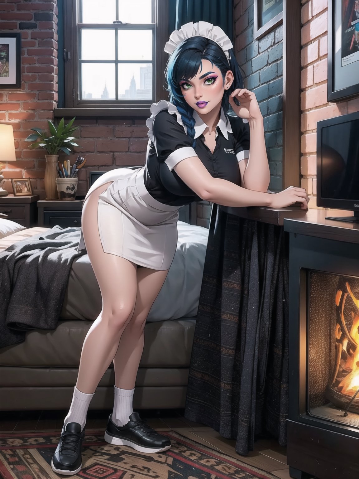 A woman, wearing black domestic sheath attire with white parts, short white skirt, long white socks, black shoes, tight and tight clothing, gigantic breasts, blue hair, hair with solo+short braid, mohawk hair, hair with bangs in front of the eyes, (looking at the viewer), (((sensual pose+Interacting+leaning on anything+object+leaning against))) in a modern apartment, with furniture, computers, plasma tv, bed, window, lights on the walls, sofa bed, 16K, UHD, (full body:1.5), unreal engine 5, cyberpunk, ((maid)), quality max, max resolution, ultra-realistic, ultra-detailed, maximum sharpness, ((ng_deeppositive_v1_75t)), ((perfect_hands)), better_hands