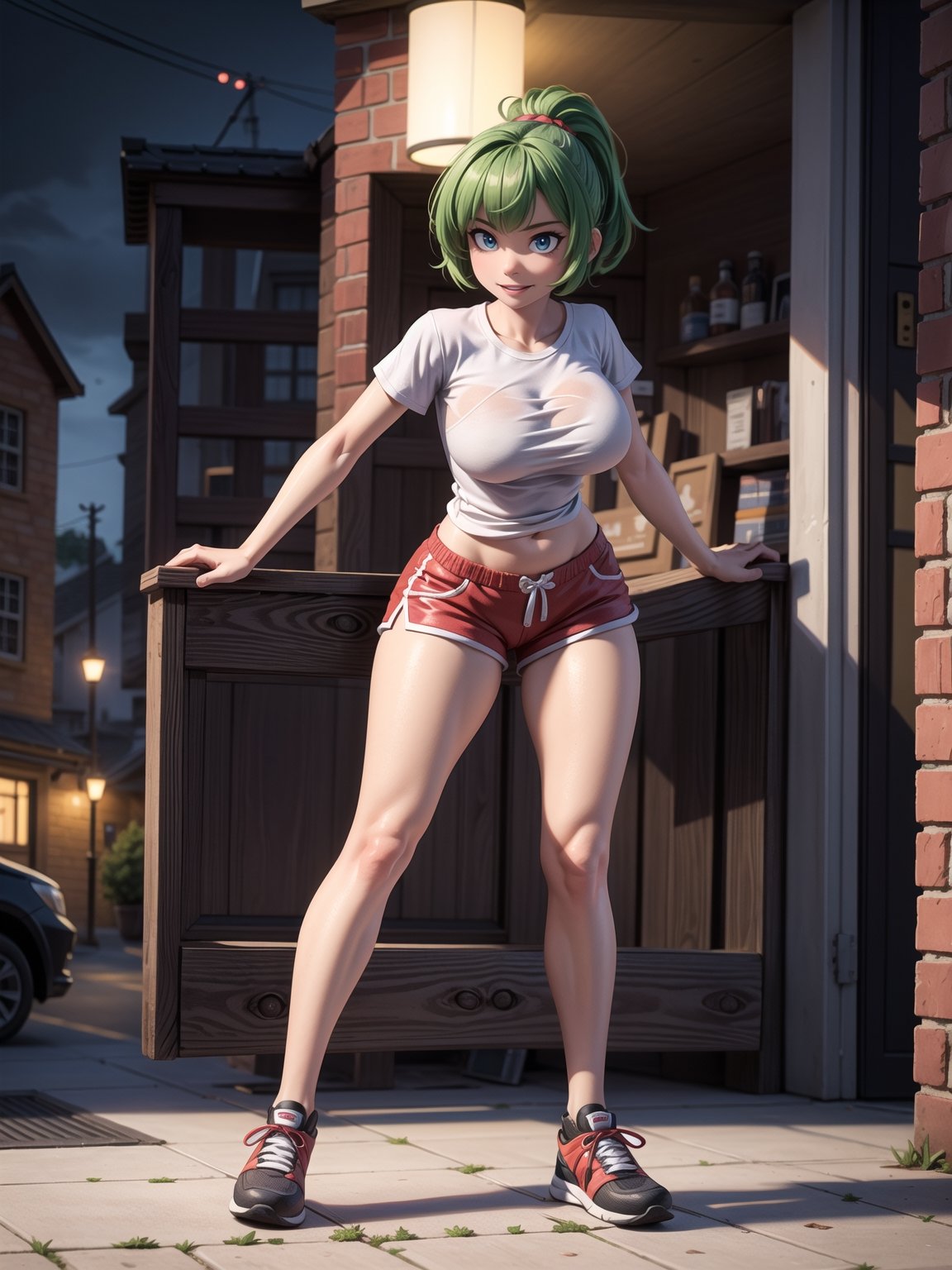 A woman, wearing a white T-shirt, short red shorts, white stockings, black sneakers, black suit, gigantic breasts, green hair, extremely short hair, rebellious hair, ponytailed hair, fringed hair in front of the eye, looking at the viewer, (((sensual pose+Interacting+leaning on anything+object+leaning against))), in a very busy night, with many construction machines,  vehicles, structures, ((full body):1.5), 16K, UHD, unreal engine 5, quality max, max resolution, ultra-realistic, ultra-detailed, maximum sharpness, ((perfect_hands):1), Goodhands-beta2,