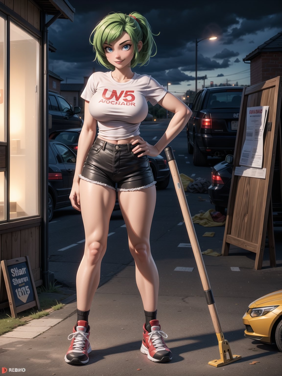 A woman, wearing a white T-shirt, short red shorts, white stockings, black sneakers, black suit, gigantic breasts, green hair, extremely short hair, rebellious hair, ponytailed hair, fringed hair in front of the eye, looking at the viewer, (((sensual pose+Interacting+leaning on anything+object+leaning against))), in a very busy night, with many construction machines,  vehicles, structures, ((full body):1.5), 16K, UHD, unreal engine 5, quality max, max resolution, ultra-realistic, ultra-detailed, maximum sharpness, ((perfect_hands):1), Goodhands-beta2,