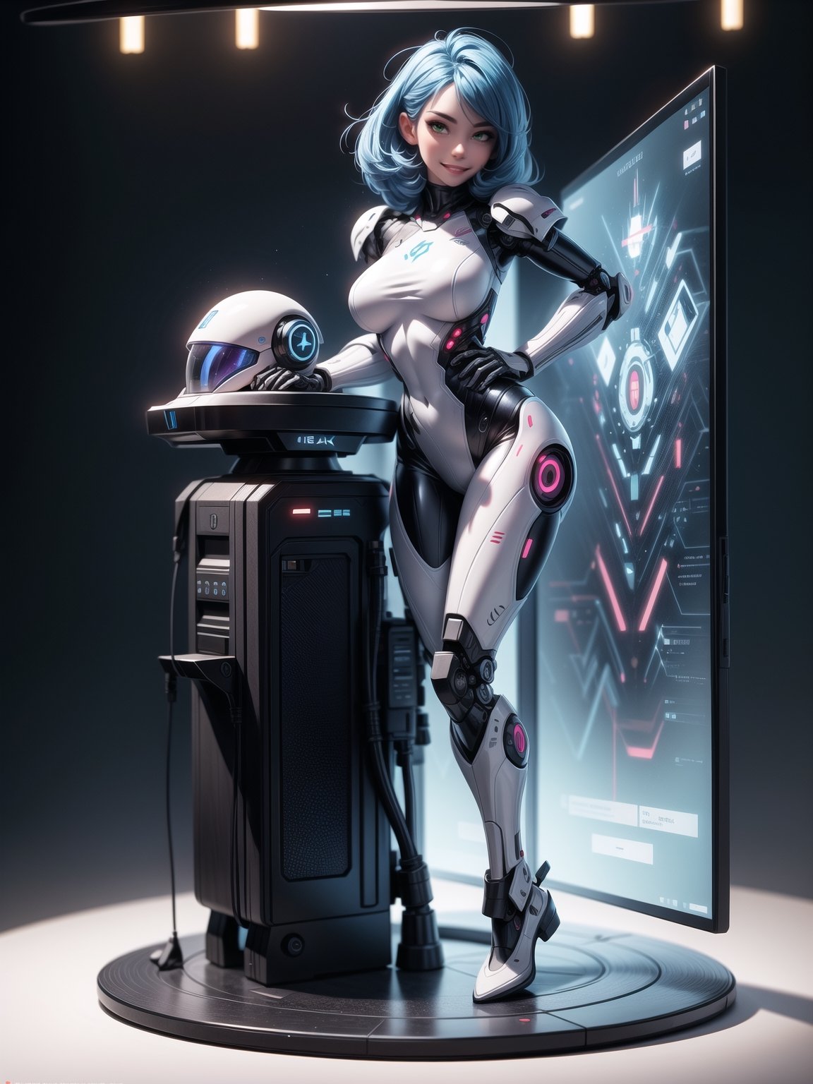 A woman, wearing white wick suit with parts in blue + robotic armor with lights, gigantic breasts, wearing helmet with transparent colored visor, blue hair, rebellious hair, messy hair, hair with bangs in front of the eye, looking at the viewer, (((sensual pose with interaction and leaning on anything+object+leaning against))), in a spaceship with many structures,  equipment, robots, computers, elevator, ((full body):1.5), 16K, UHD, unreal engine 5, quality max, max resolution, ultra-realistic, ultra-detailed, maximum sharpness, ((perfect_hands):1), Goodhands-beta2, [super metroid], cyberware, cybernetic