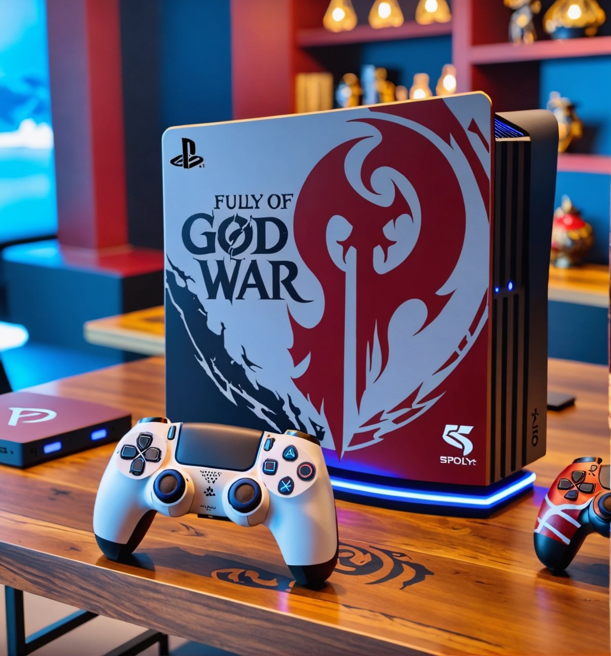 A fully customized God of War themed PlayStation 5 on a table.