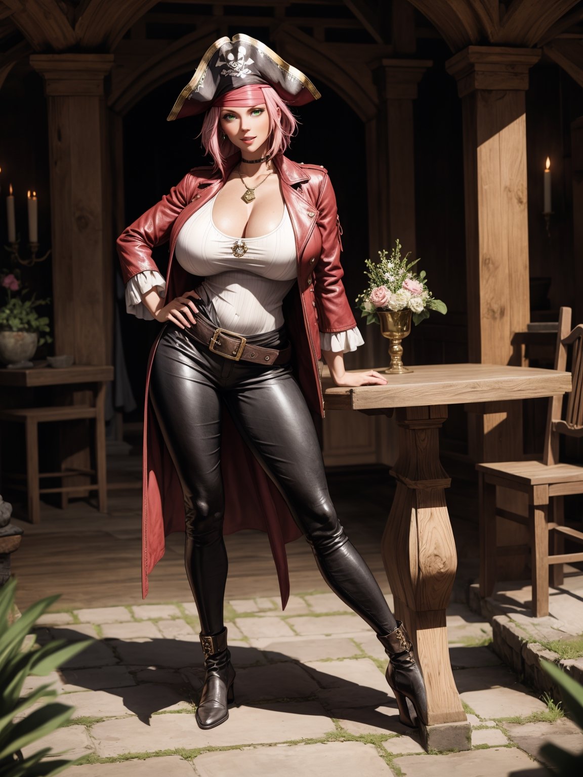 A pirate woman,  wearing brown leather coat,  white T-shirt by Hami on Tensor.Art