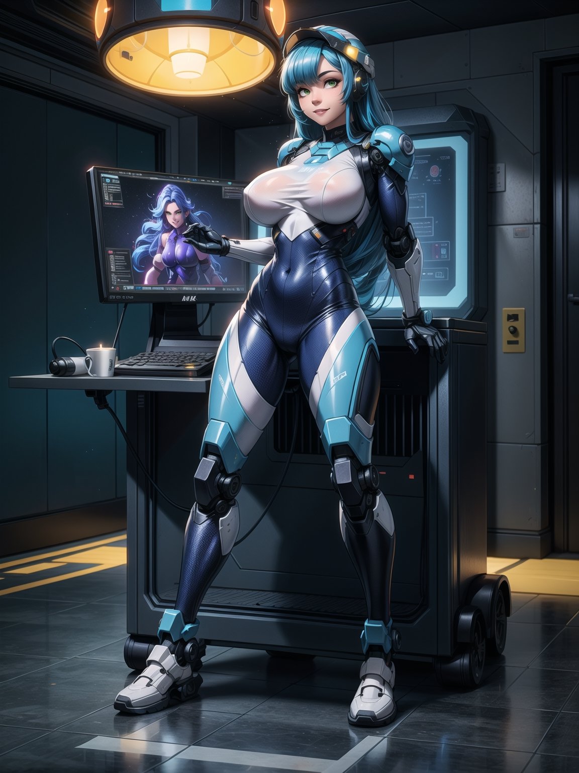 A woman, wearing white wick suit with parts in blue + robotic armor with lights, gigantic breasts, wearing helmet with transparent colored visor, blue hair, rebellious hair, messy hair, hair with bangs in front of the eye, looking at the viewer, (((sensual pose with interaction and leaning on anything+object+leaning against))), in a spaceship with many structures,  equipment, robots, computers, elevator, ((full body):1.5), 16K, UHD, unreal engine 5, quality max, max resolution, ultra-realistic, ultra-detailed, maximum sharpness, ((perfect_hands):1), Goodhands-beta2, [super metroid], cyberware, cybernetic