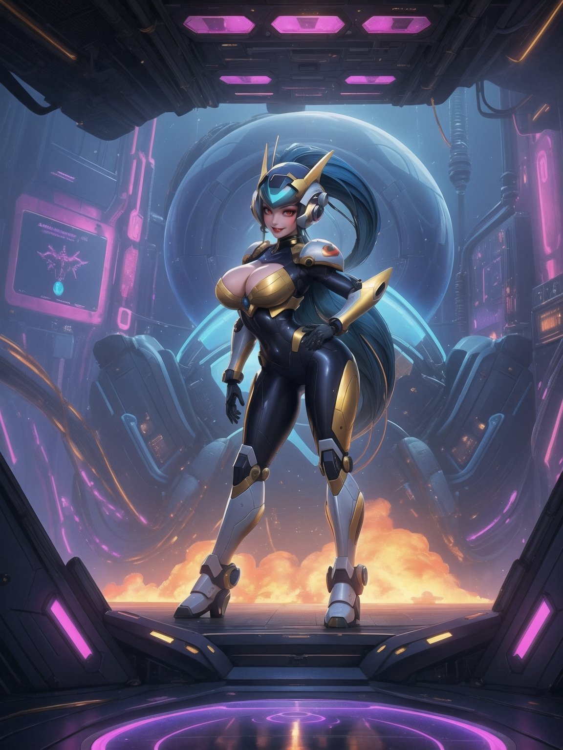 Ultra HD 16K resolution, blending Mega Man X and Super Metroid styles, offering maximum sharpness and exceptional quality. | On a futuristic aircraft, a stunning 30-year-old woman with short blue hair wears white robotic armor with blue and yellow details, standing out in the ultra-detailed scene. The cybernetic helmet frames her face, and she gazes directly at the viewer, intensifying the visual connection. | The composition, at a descending dynamic angle, highlights the woman's sensual pose as she interacts and leans on a large technological structure. Large machines, control panels, flying vehicles, and glass barrels containing luminous liquid create a futuristic environment. | Lighting effects enhance the sharpness of the armor, emphasizing the luminosity of the liquid in the barrels, creating an immersive sci-fi atmosphere. Large technological structures complete the scene, making it visually striking. | An impressive woman in a sensual pose on the futuristic aircraft, styled after Mega Man X and Super Metroid, interacting with the technological environment. | She: ((interacting and leaning on anything, very large structure+object, leaning against, sensual pose):1.3), ((Full body image)), perfect hand, fingers, hand, perfect, better_hands, More Detail.