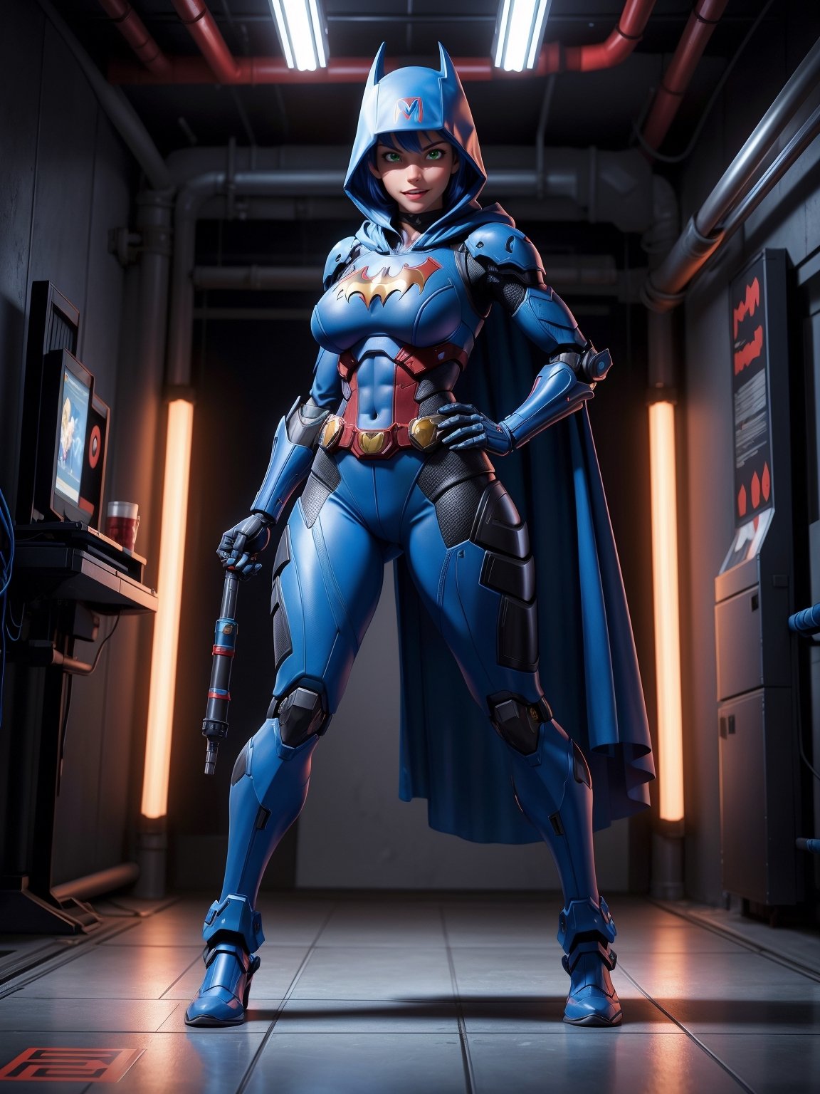 A woman, wearing blue mech costume with red parts + white ninja costume, very tight costume on the body, ((gigantic breasts)), blue hair, mohawk hair, short hair, hair with bangs in front of the eyes, ((hood on the head)), looking at the viewer, (((pose with interaction and leaning on [something|an object]))), at a secret base in a cave,  with computers, elevators, machines, robots, pipe-shaped lights, ((full body):1.5), 16k, UHD, best possible quality, ultra detailed, best possible resolution, Unreal Engine 5, professional photography, well-detailed fingers, well-detailed hand, perfect_hands, perfect, ((super metroid, batman)) + ((mecha, ninja))