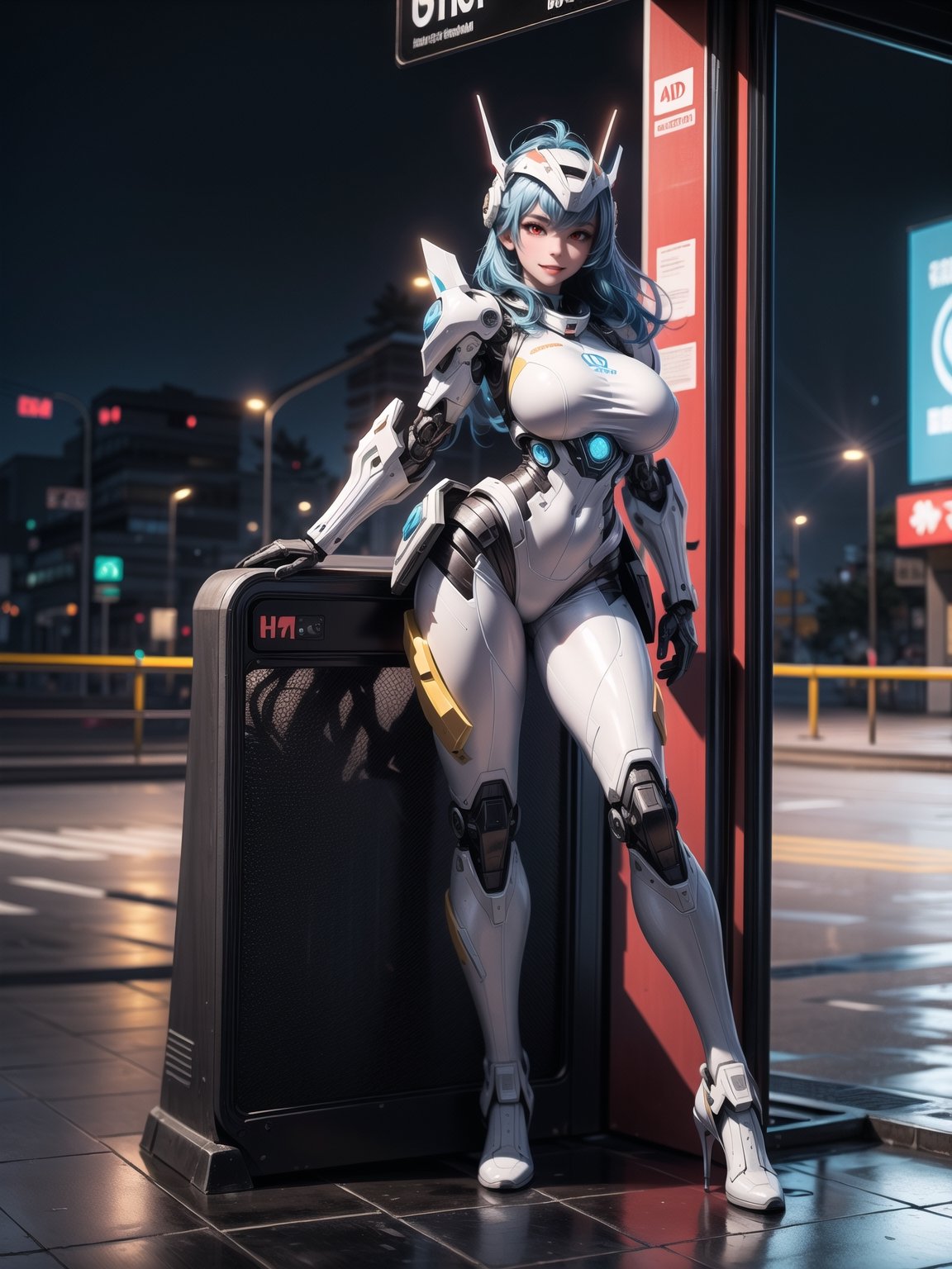 A fairy woman, wearing ((white mecha costume with parts in blue, gigantic breasts, cybernetic helmet)), very short hair, blue hair, messy hair, hair with bangs in front of eyes, magical aura around the body, (((looking at the viewer, sensual pose with interaction and leaning on anything+object+on something+leaning against+leaning against))) in a Japanese bus station at night with heavy rain, many structures, benches, people waiting for the bus, ((full body):1.5); 16K, UHD, unreal engine 5, quality max, max resolution, ultra-realistic, ultra-detailed, maximum sharpness, ((perfect_hands): 1), Goodhands-beta2, ((technological))