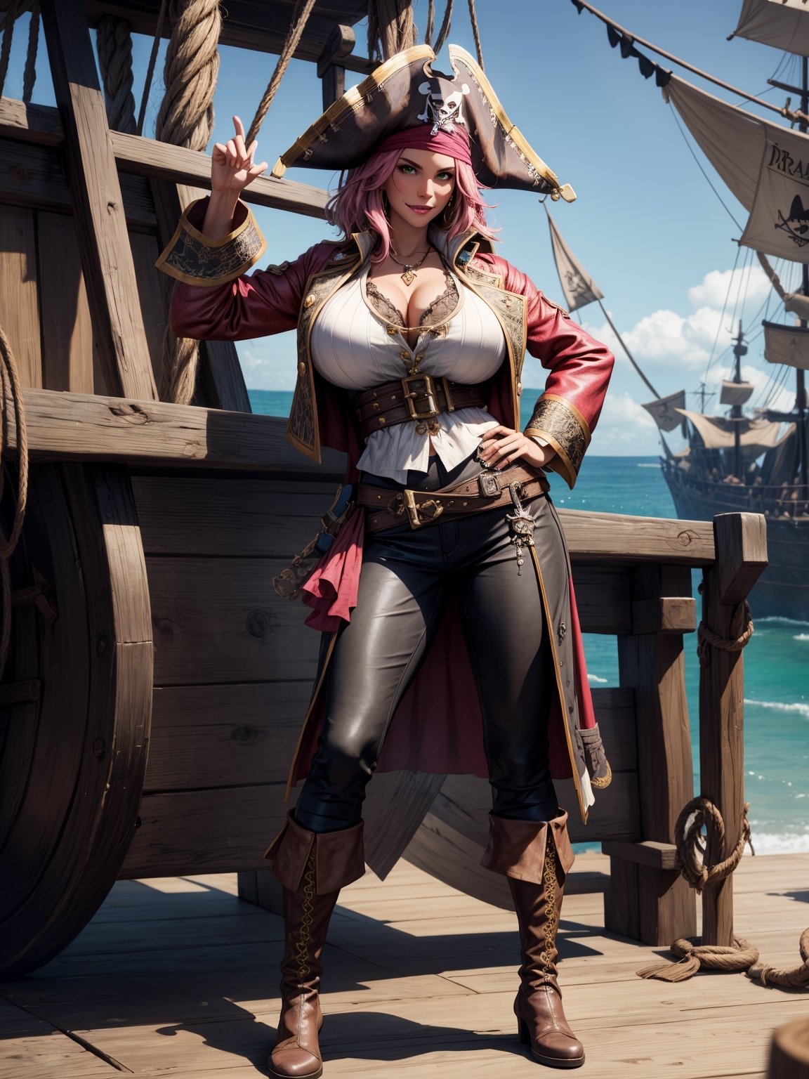 A pirate woman,  wearing brown leather coat,  white T-shirt by Hami on Tensor.Art