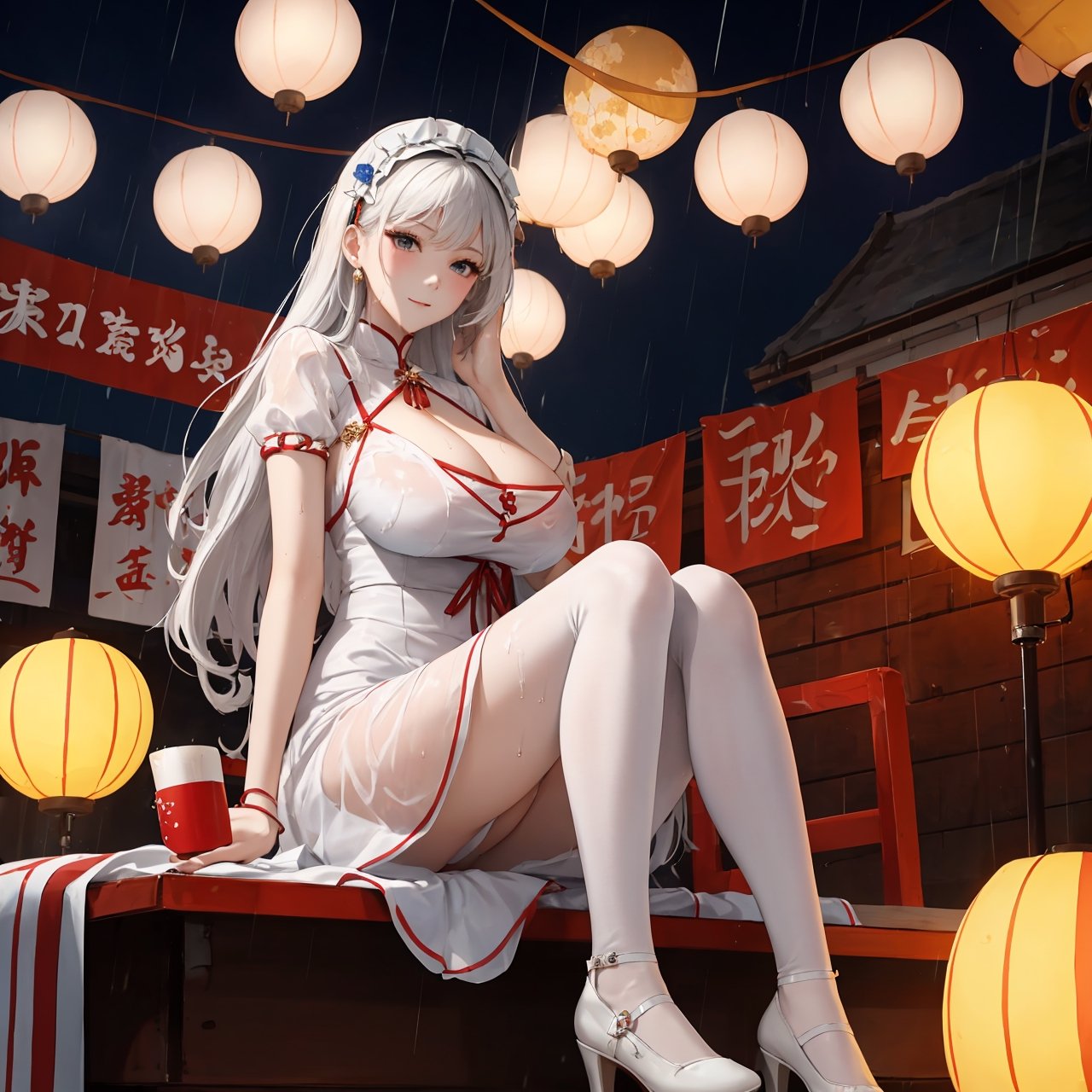 The National Day and the Mid-Autumn Festival are celebrated together. The New Year is celebrated with lanterns and colors. A girl, with her big breasts, long white hair, clean white Lolita clothes, black lucky shoes, umbrella, wet in the rain, 