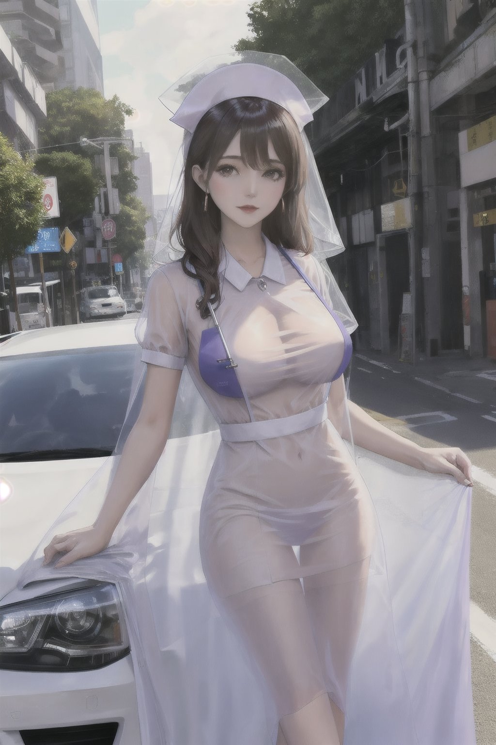 Large chest, transparent dress, wearing transparent Nurse's cap, leaning against the car