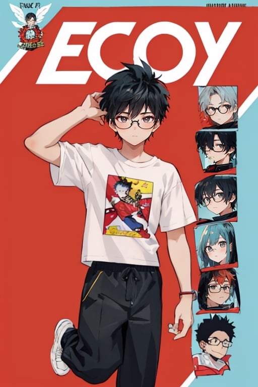 character sheet, light blue background, beautiful, good hands, full body, looking to the camera, black hair, black eyes, glasses, honey-colored skin,18 year old boy body, full_body, character_sheet, fashionable hairstyle,black joggers pants, red design t-shirt, shoes,comic_book_cover