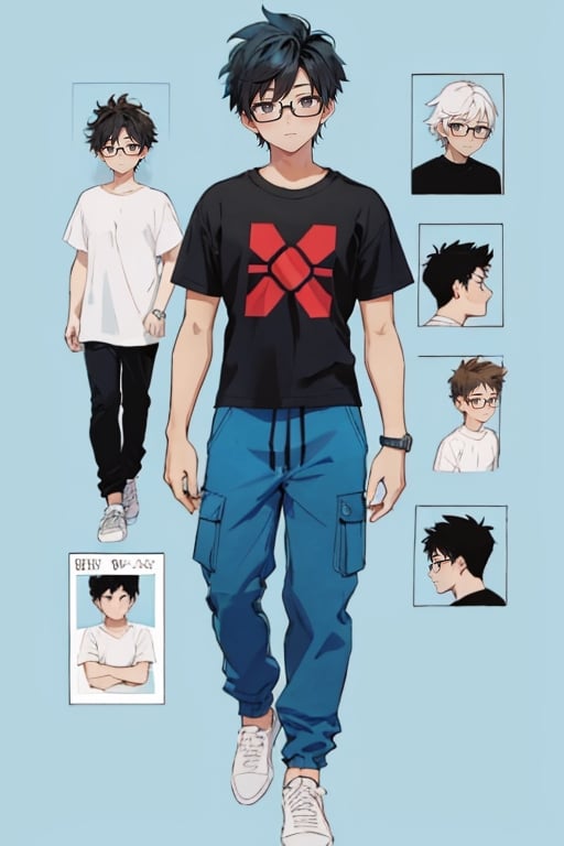 light blue background, beautiful, good hands, full body, looking to the camera, smile, black hair, black eyes, glasses, honey-colored skin,18 year old boy body, full_body, character_sheet, fashionable hairstyle,black joggers pants, red design t-shirt, shoes