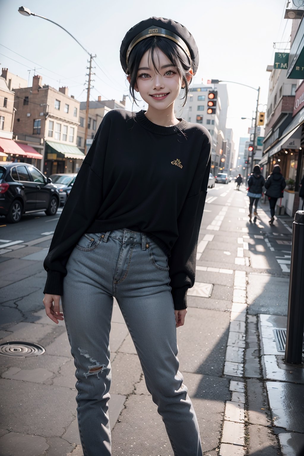 fullbody, toph_bei_fong, white eyes, blind, smile, :3, red wool sweater, black jeans, black cloth hat, city background, looking_at_viewer, sexy pose