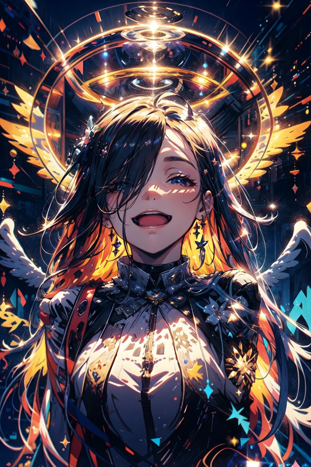 girl smiling,  shark teeth,  eyes closed by Aleexx_C on Tensor.Art