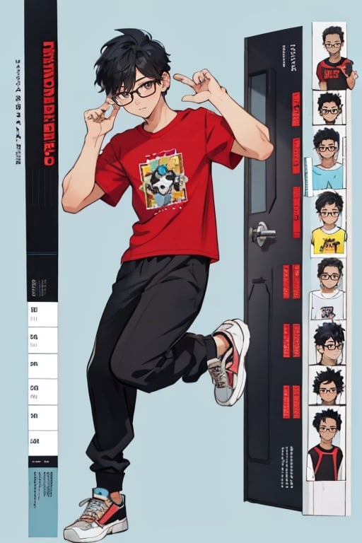 character sheet, light blue background, beautiful, good hands, full body, looking to the camera, black hair, black eyes, glasses, honey-colored skin,18 year old boy body, full_body, character_sheet, fashionable hairstyle,black joggers pants, red design t-shirt, shoes,comic_book_cover