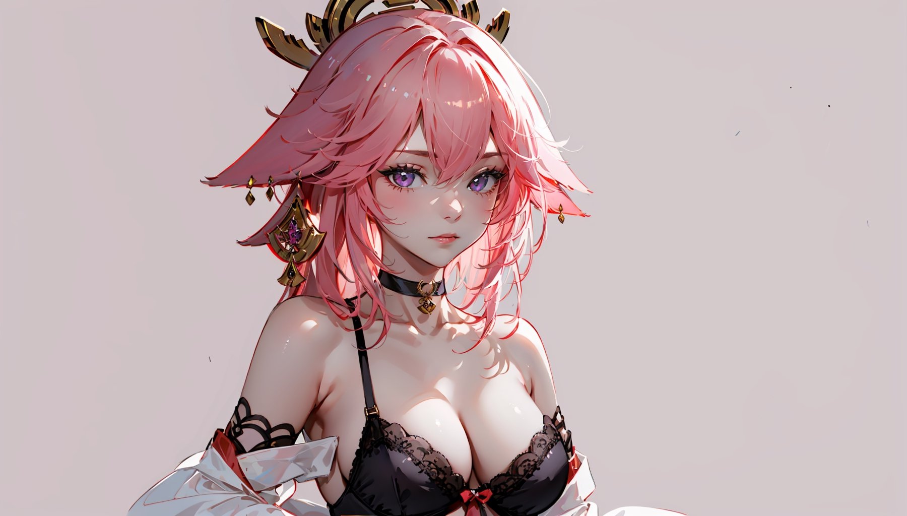 ((1girl, Yae miko,))

(masterpiece:1.3), (best quality:1.3), high resolution, master-piece, bestquality, 1girls,15 years old, (masterpiece:1.2, best quality,), (Soft light), (shiny skin), 1girls, off shoulders,hair, between breasts, medium breast, breasts, choker, cleavage, collarbone, lingerie, looking at viewer, pink background, facing breasts, , womb tattoo,solo, female_solo,1 girl, 1 girl, one girl,upper_body,upper body,,sketch,