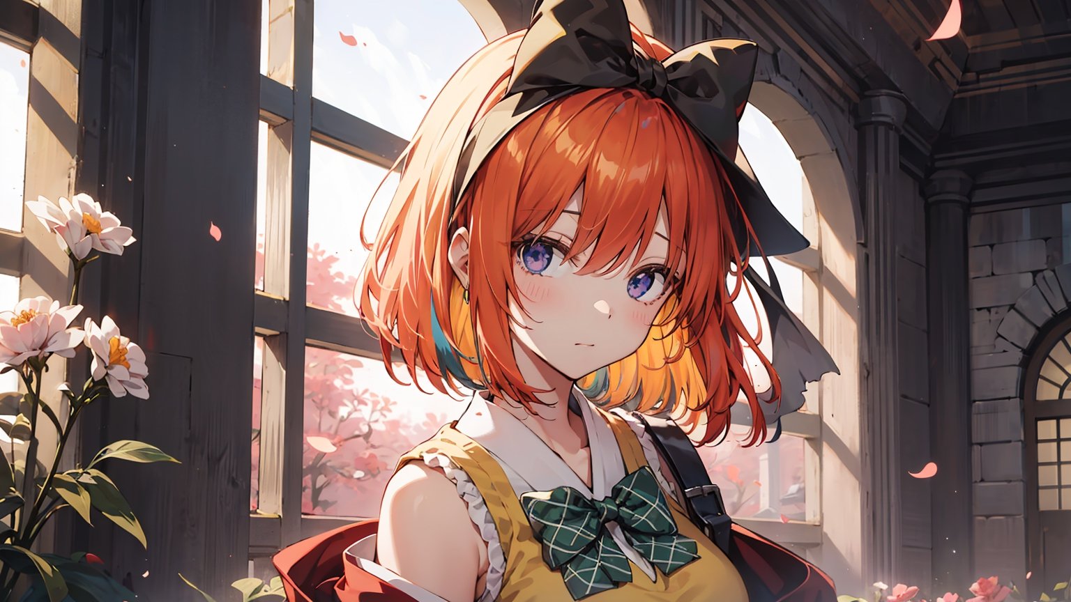 ((NAKANO YOTSUBA, ORANGE HAIR, HAIR BOW, GREEN BOWTIE, YELLOW SWEATER,,)),

masterpiece, best quality, extremely detailed, absurdres, expressive clothes, fine fabric emphasis, ray tracing, fantasy style, 1girl , upper body , portrait , tilted head , hanfu , obi , kimono , (split-color hair:1.4) , off shoulder, pink eyes , Japanese architecture, indoor , light and shadow, crystal flower, crystal,solid warm colors,1 girl, goose feather snow, plum blossom, Arcadia,school uniform