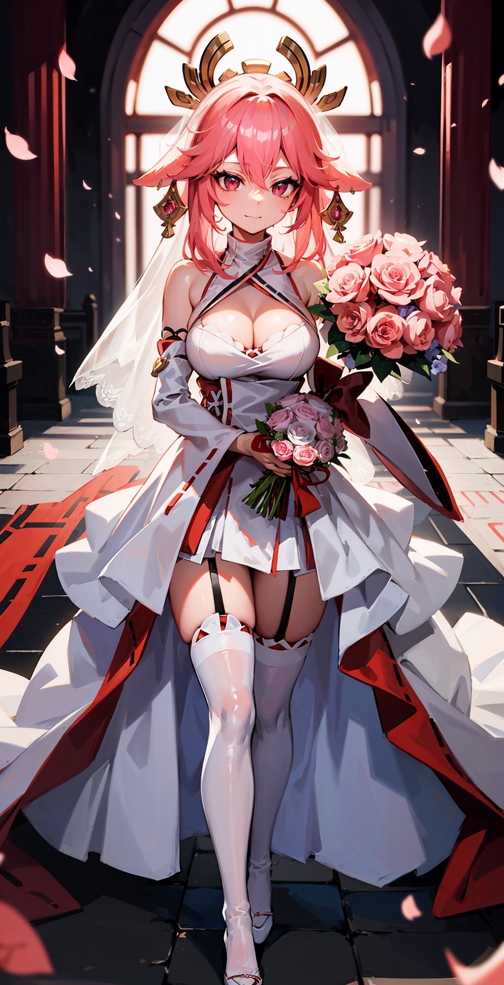 ((Yae miko,)) girl, an anime girl in a wedding dress, 1girl, bouquet, solo, long hair, breasts, wedding dress, pink hair, red eyes, thigh highs, bridal veil, holding bouquet, cleavage:2, standing, looking at viewer, legs open,Pro Lighting,1 girl,