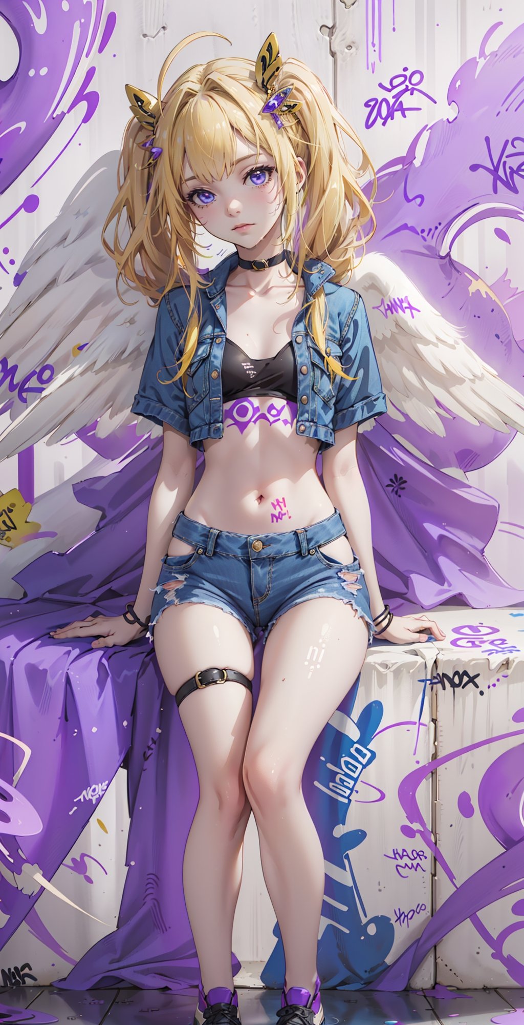 ((filo, blonde hair, ahoge, hair ornament, flat chest, bangs, long hair,angel wings))masterpiece:1.2,(masterpiece:1.3), (best quality:1.3), high resolution, 

master-piece, bestquality, 1girls,15 years old, Twintail hairstyle, proportional body, crop top, Long Jeans, oversized breasts, ,bara, crop top, shorts jeans, choker, (Graffiti:1.5),sitting on the floor, Splash with purple lightning pattern., arm behind back, against wall, View viewers from the front., Thigh strap, Head tilt, bored,,girl,polychrome