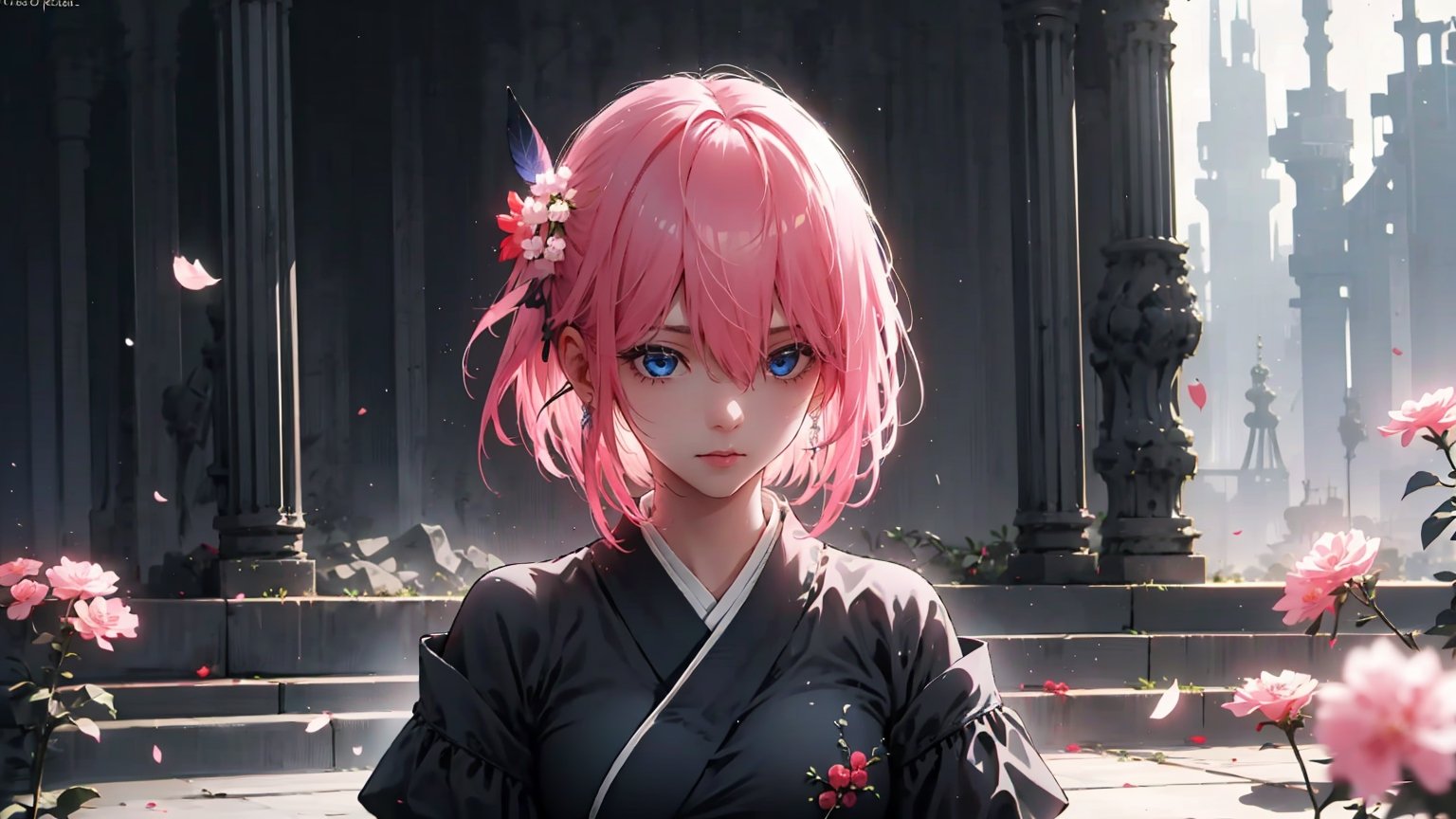 (( ichika nakano, short hair, bangs, blue eyes, hair between eyes, pink hair, earrings,,)),

masterpiece, best quality, extremely detailed, absurdres, expressive clothes, fine fabric emphasis, ray tracing, fantasy style, 1girl , upper body , portrait , tilted head , hanfu , obi , kimono , (split-color hair:1.4) , off shoulder, pink eyes , Japanese architecture, indoor , light and shadow, crystal flower, crystal,solid warm colors,1 girl, goose feather snow, plum blossom, Arcadia,school uniform