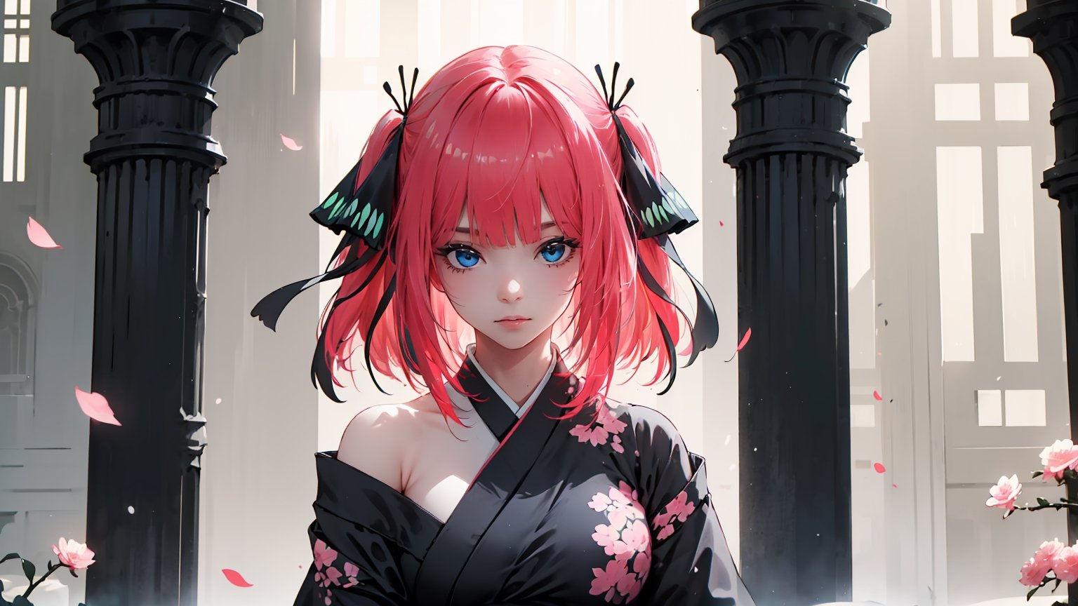 ((nino nakano, short hair, bangs, blue eyes, hair ornament, hair ribbon, pink hair, blunt bangs, two side up, butterfly hair ornament,)),

masterpiece, best quality, extremely detailed, absurdres, expressive clothes, fine fabric emphasis, ray tracing, fantasy style, 1girl , upper body , portrait , tilted head , hanfu , obi , kimono , (split-color hair:1.4) , off shoulder, pink eyes , Japanese architecture, indoor , light and shadow, crystal flower, crystal,solid warm colors,1 girl, goose feather snow, plum blossom, Arcadia,school uniform