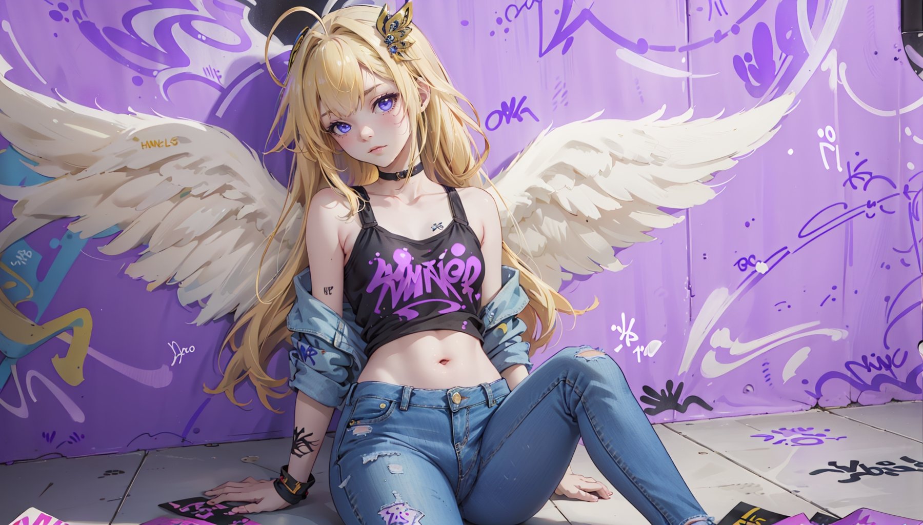 ((filo, blonde hair, ahoge, hair ornament, flat chest, bangs, long hair,angel wings))masterpiece:1.2,(masterpiece:1.3), (best quality:1.3), high resolution, 

master-piece, bestquality, 1girls,15 years old, Twintail hairstyle, proportional body, crop top, Long Jeans, oversized breasts, ,bara, crop top, shorts jeans, choker, (Graffiti:1.5),sitting on the floor, Splash with purple lightning pattern., arm behind back, against wall, View viewers from the front., Thigh strap, Head tilt, bored,,girl,polychrome