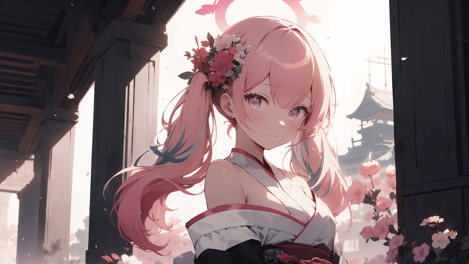 ((koharu, pink hair, medium hair, twintails, tied hair, pink eyes, halo,)),

masterpiece, best quality, extremely detailed, absurdres, expressive clothes, fine fabric emphasis, ray tracing, fantasy style, 1girl , upper body , portrait , tilted head , hanfu , obi , kimono , (split-color hair:1.4) , off shoulder, pink eyes , Japanese architecture, indoor , light and shadow, crystal flower, crystal,solid warm colors,1 girl, goose feather snow, plum blossom, Arcadia