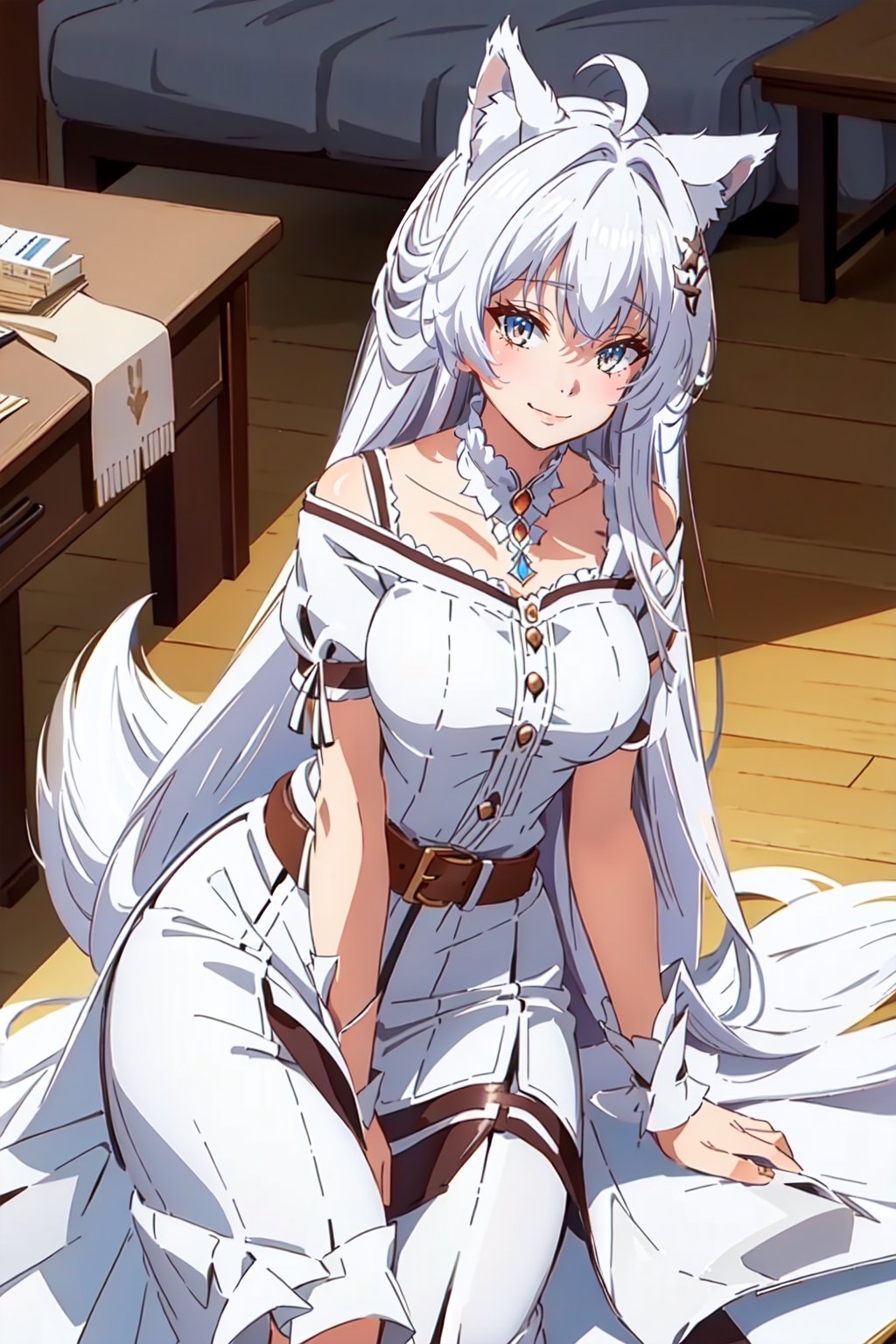 (Masterpiece), High Quality, 1girl, solo, nsfw
, ChopioSetsuna, wolf girl, white hair, wolf ears, (tail, wolf tail:1), (wolf feet:1), (looking at viewer:1.3), arm fur,
medium hair, two side up, hair ornament, ahoge,
(mature female, adult:1), medium breasts,
desk, sitting, pencil skirt, white shirt, shirt tucked in, buttons, seductive smile, belt