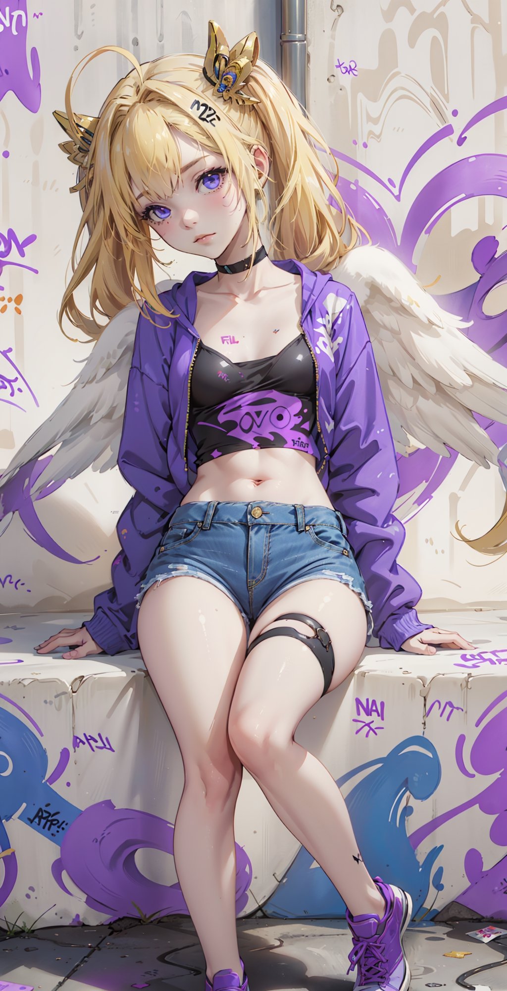 ((filo, blonde hair, ahoge, hair ornament, flat chest, bangs, long hair,angel wings))masterpiece:1.2,(masterpiece:1.3), (best quality:1.3), high resolution, 

master-piece, bestquality, 1girls,15 years old, Twintail hairstyle, proportional body, crop top, Long Jeans, oversized breasts, ,bara, crop top, shorts jeans, choker, (Graffiti:1.5),sitting on the floor, Splash with purple lightning pattern., arm behind back, against wall, View viewers from the front., Thigh strap, Head tilt, bored,,girl,polychrome