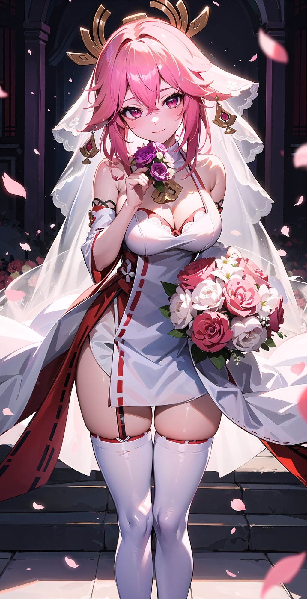 ((Yae miko,)) girl, an anime girl in a wedding dress, 1girl, bouquet, solo, long hair, breasts, wedding dress, pink hair, red eyes, thigh highs, bridal veil, holding bouquet, cleavage:2, standing, looking at viewer, legs open,Pro Lighting,1 girl,