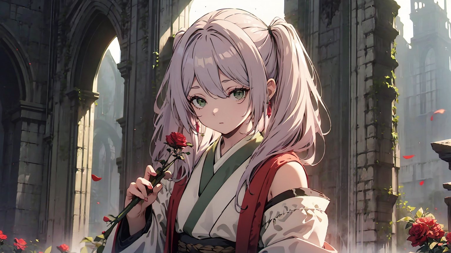 ((FRIEREN LONG HAIR twintails (green eyes:1.5),,)),

masterpiece, best quality, extremely detailed, absurdres, expressive clothes, fine fabric emphasis, ray tracing, fantasy style, 1girl , upper body , portrait , tilted head , hanfu , obi , kimono , (split-color hair:1.4) , off shoulder, pink eyes , Japanese architecture, indoor , light and shadow, crystal flower, crystal,solid warm colors,1 girl, goose feather snow, plum blossom, 