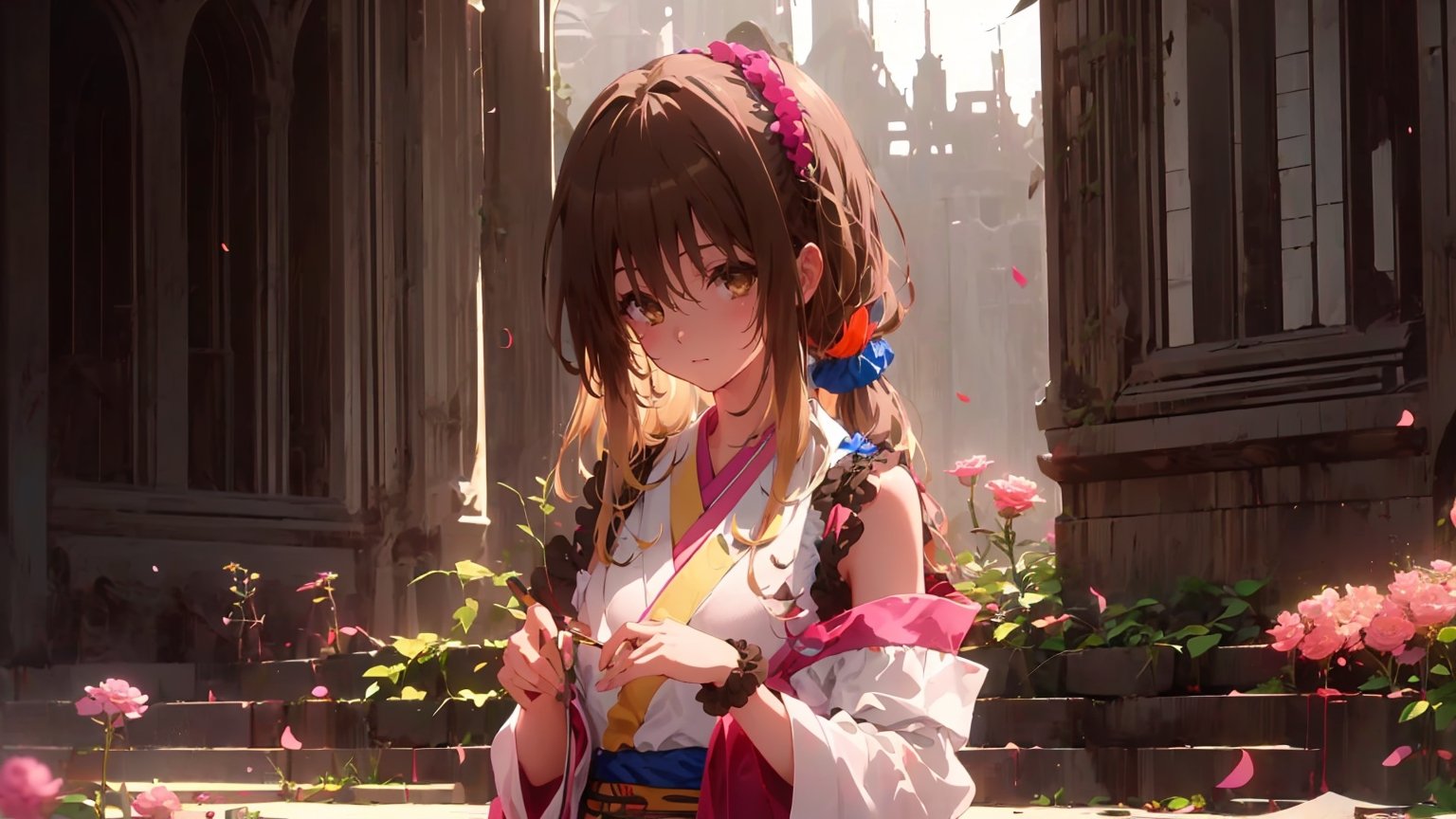 ((mikan yuuki, (brown eyes:1.5), brown hair, hair ornament, hair scrunchie, long hair, pink scrunchie, scrunchie,,)),

masterpiece, best quality, extremely detailed, absurdres, expressive clothes, fine fabric emphasis, ray tracing, fantasy style, 1girl , upper body , portrait , tilted head , hanfu , obi , kimono , (split-color hair:1.4) , off shoulder, pink eyes , Japanese architecture, indoor , light and shadow, crystal flower, crystal,solid warm colors,1 girl, goose feather snow, plum blossom, Arcadia,school uniform,hoshino ai,mikan yuuki