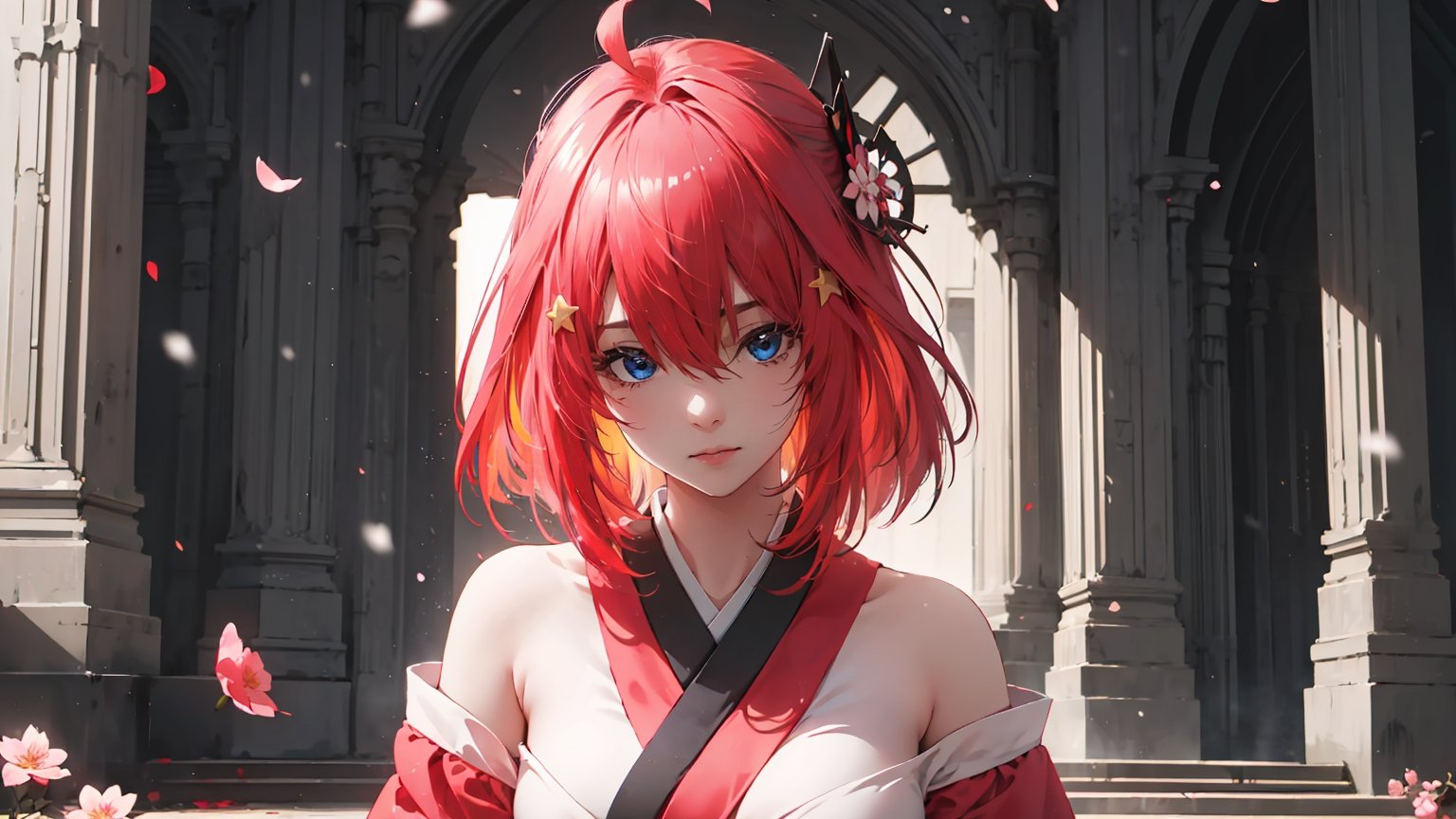 (( itsuki nakano, bangs, blue eyes, hair between eyes, ahoge, red hair, star \(symbol\), hair ornament, star hair,,)),

masterpiece, best quality, extremely detailed, absurdres, expressive clothes, fine fabric emphasis, ray tracing, fantasy style, 1girl , upper body , portrait , tilted head , hanfu , obi , kimono , (split-color hair:1.4) , off shoulder, pink eyes , Japanese architecture, indoor , light and shadow, crystal flower, crystal,solid warm colors,1 girl, goose feather snow, plum blossom, Arcadia,school uniform