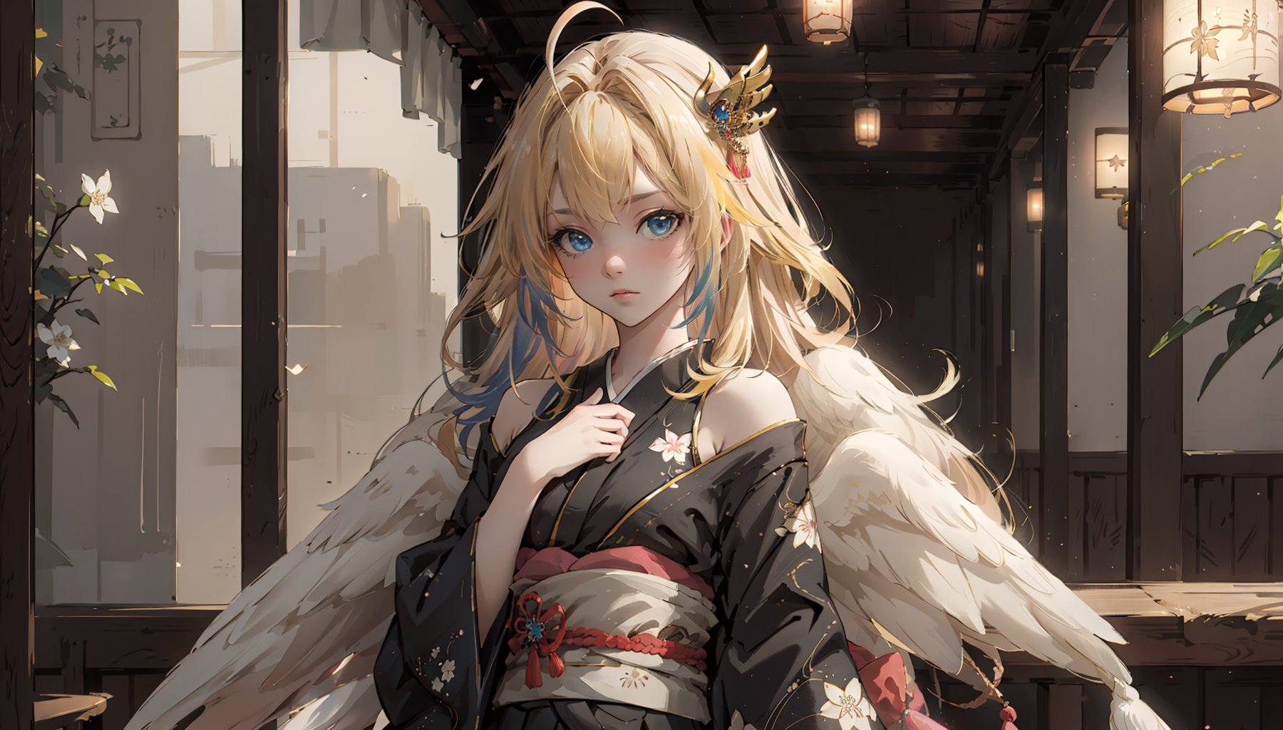 ((filo, blonde hair, ahoge, hair ornament, flat chest, bangs, long hair,angel wings))masterpiece:1.2,(masterpiece:1.3), (best quality:1.3), high resolution, 

masterpiece, best quality, extremely detailed, absurdres, expressive clothes, fine fabric emphasis, ray tracing, fantasy style, 1girl, upper body, portrait, tilted head, hanfu, obi, kimono, (split-color hair:1.4), off shoulder, , Japanese architecture, indoor, light and shadow, crystal flower, crystal