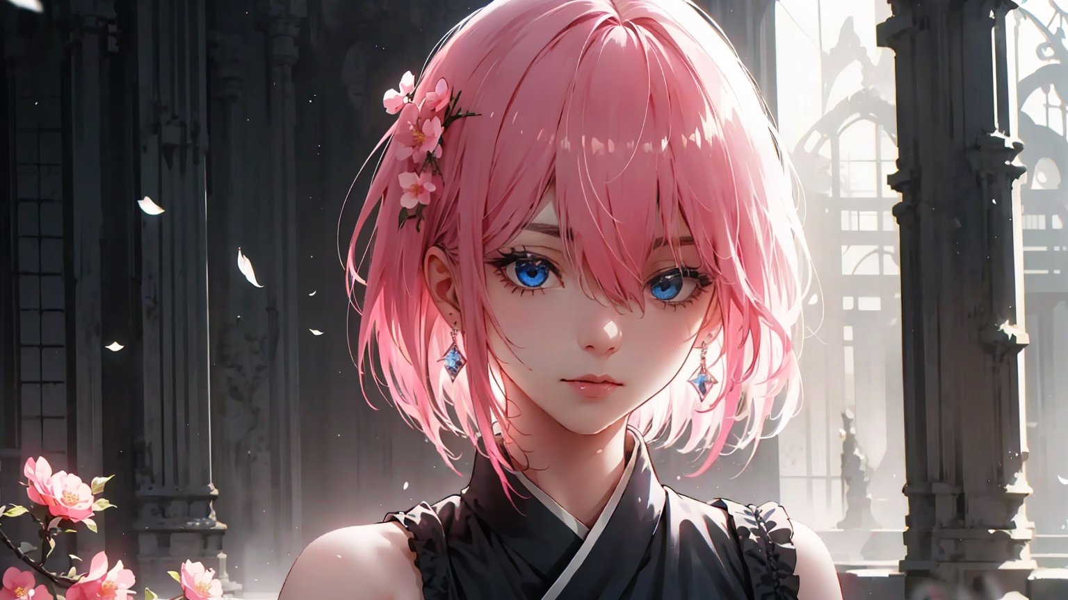 (( ichika nakano, short hair, bangs, blue eyes, hair between eyes, pink hair, earrings,,)),

masterpiece, best quality, extremely detailed, absurdres, expressive clothes, fine fabric emphasis, ray tracing, fantasy style, 1girl , upper body , portrait , tilted head , hanfu , obi , kimono , (split-color hair:1.4) , off shoulder, pink eyes , Japanese architecture, indoor , light and shadow, crystal flower, crystal,solid warm colors,1 girl, goose feather snow, plum blossom, Arcadia,school uniform