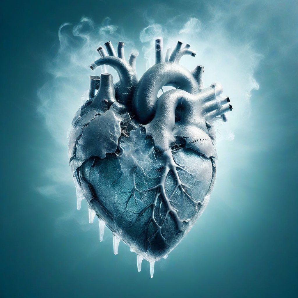 a large heart, transparent, cracked, smoking