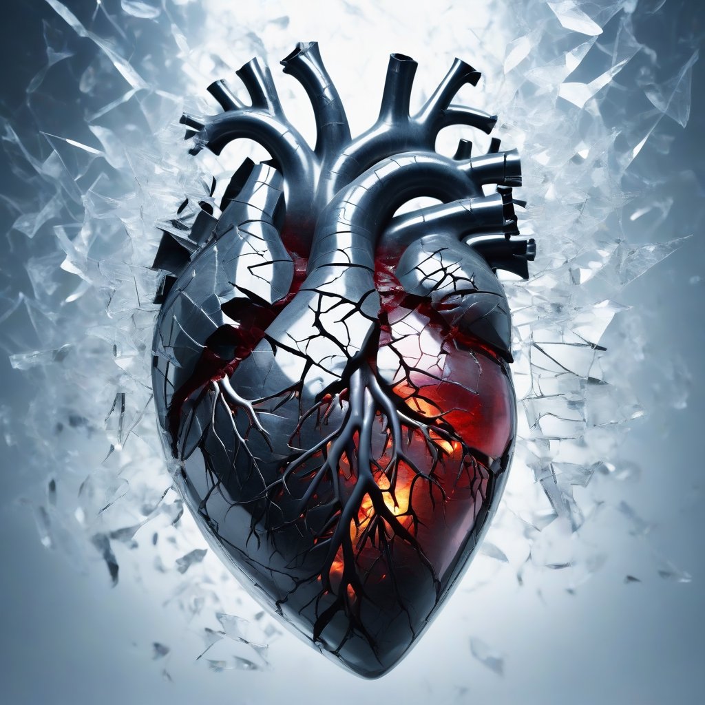 heart broken in half ,a large heart, transparent,  cracked, smoking,shards