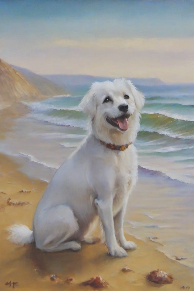 cute, white hair,  female dog on the beach, sits and looks at the waves, smiling,Movie Poster