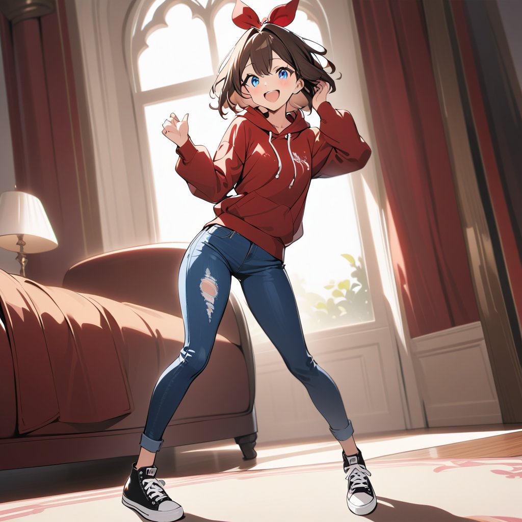 masterpiece, high quality, 8K, high_res, CG style, happy, excited, an anime girl presenting something, beautiful, elegant, very detailed, 1girl, full body, white background,//, (short black brown hair), (blue eyes), lightly tanned skin, slim build, red zip-up hoodie, black shirt, faded jeans, black Converse sneakers, big red bow on head, anime-style