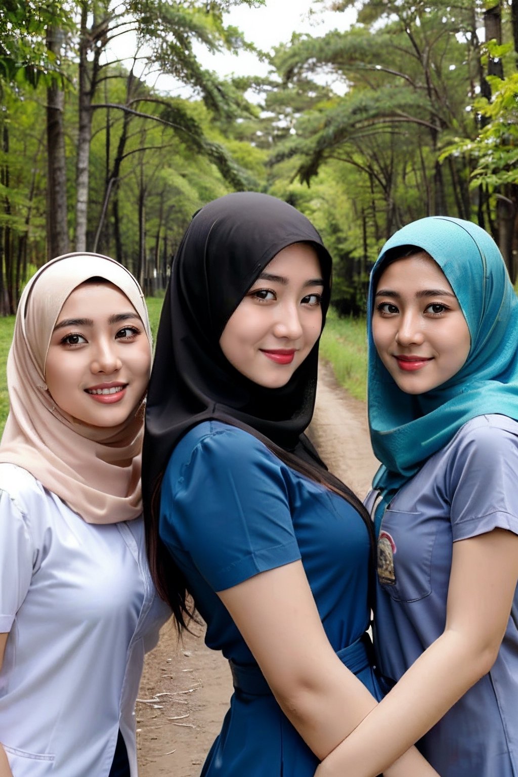 (( 3girls)), 
(masterpiece, best quality), 3girls, different girls, (asian preteen:1.0), (arabian preteen:1.2), 3girls,beautiful face, on forest background,wearing hijab,innocent muslim girls ,medium breast,beauty,glowing skin,smiling, cowboy_shot, front view,sm4c3w3k , fullbody, looking at viewer, sexy clothes, sfw